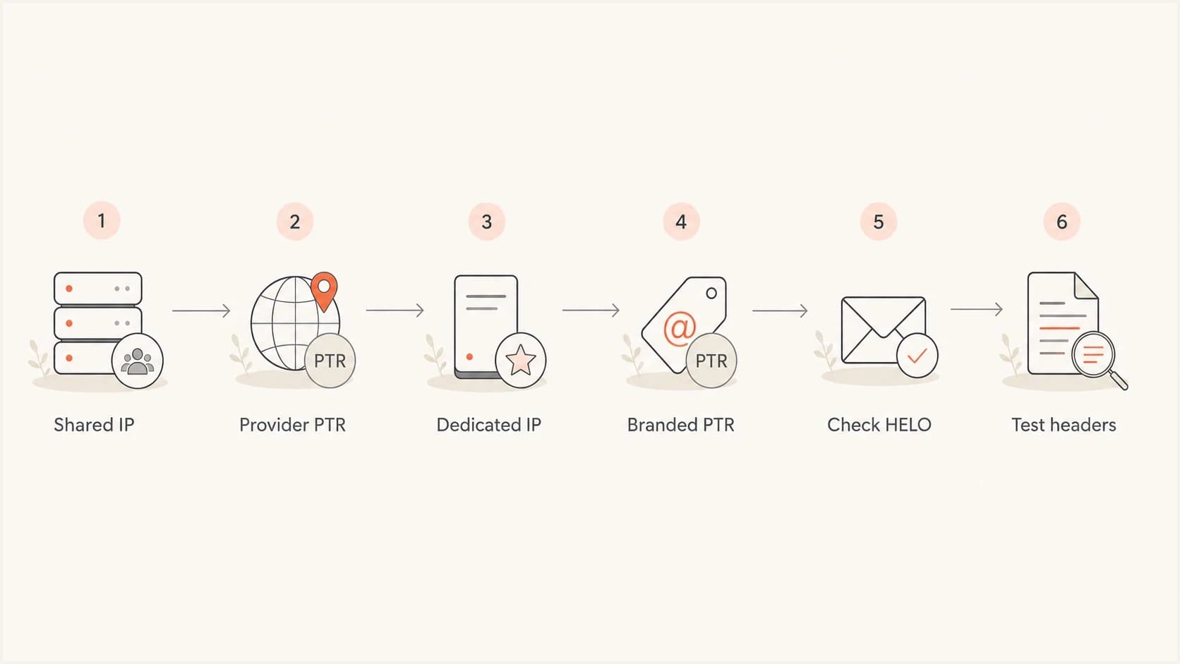 Decision flow for using provider PTR on shared IPs and branded PTR on dedicated IPs.