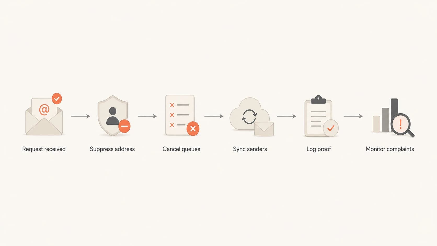 Flowchart showing unsubscribe request handling through suppression, queue cancellation, sender sync, logging, and complaint monitoring.