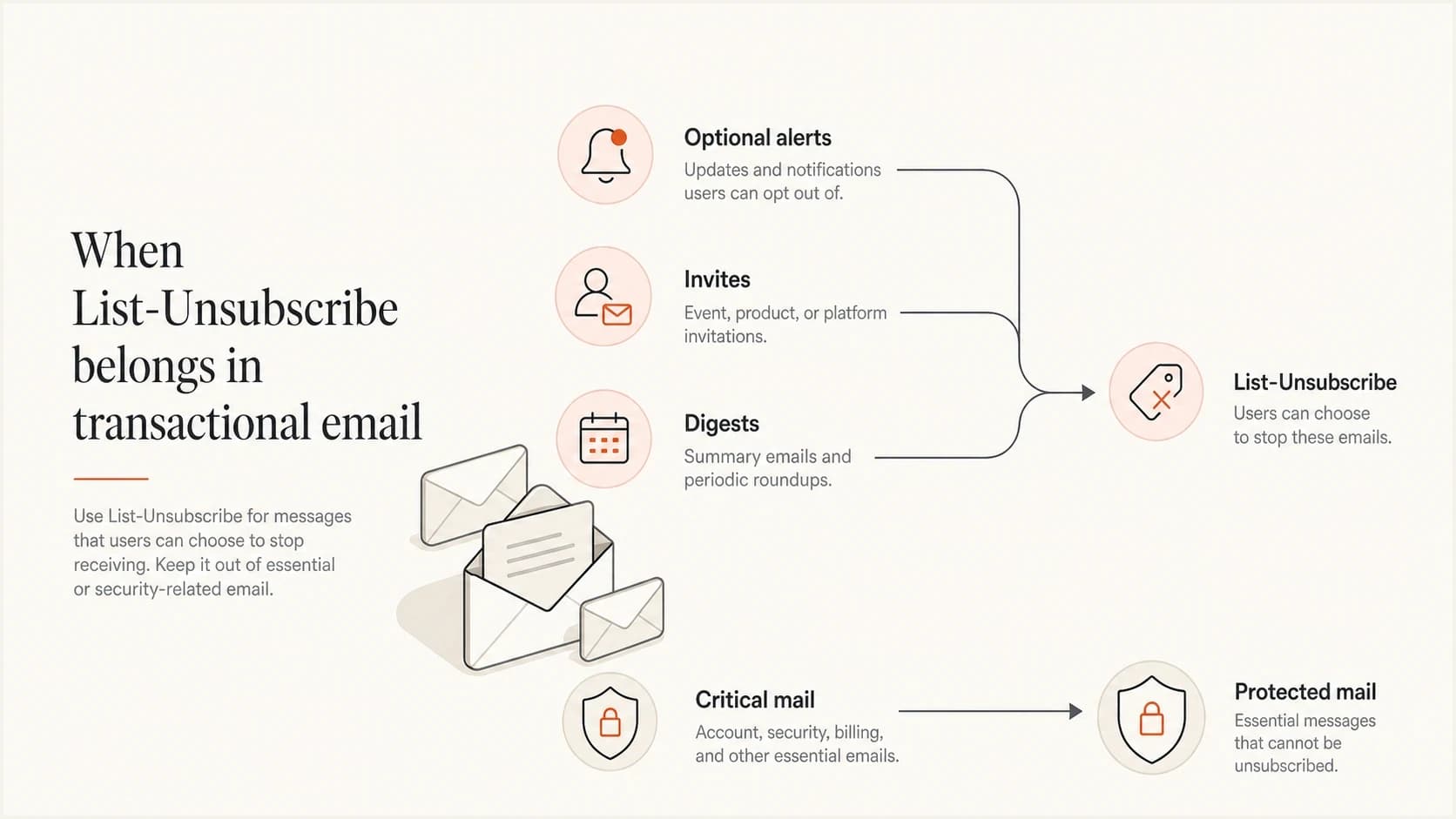 Infographic showing optional transactional messages going to unsubscribe and critical mail staying protected.