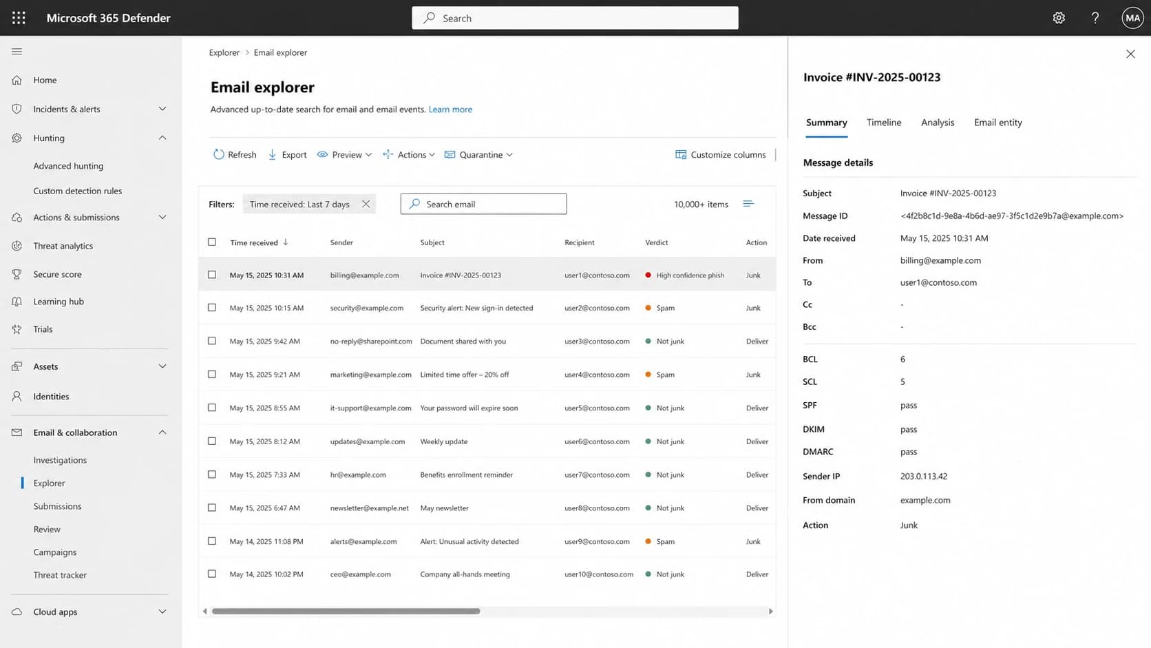 Microsoft Defender for Office 365 Explorer showing a message with BCL 6.