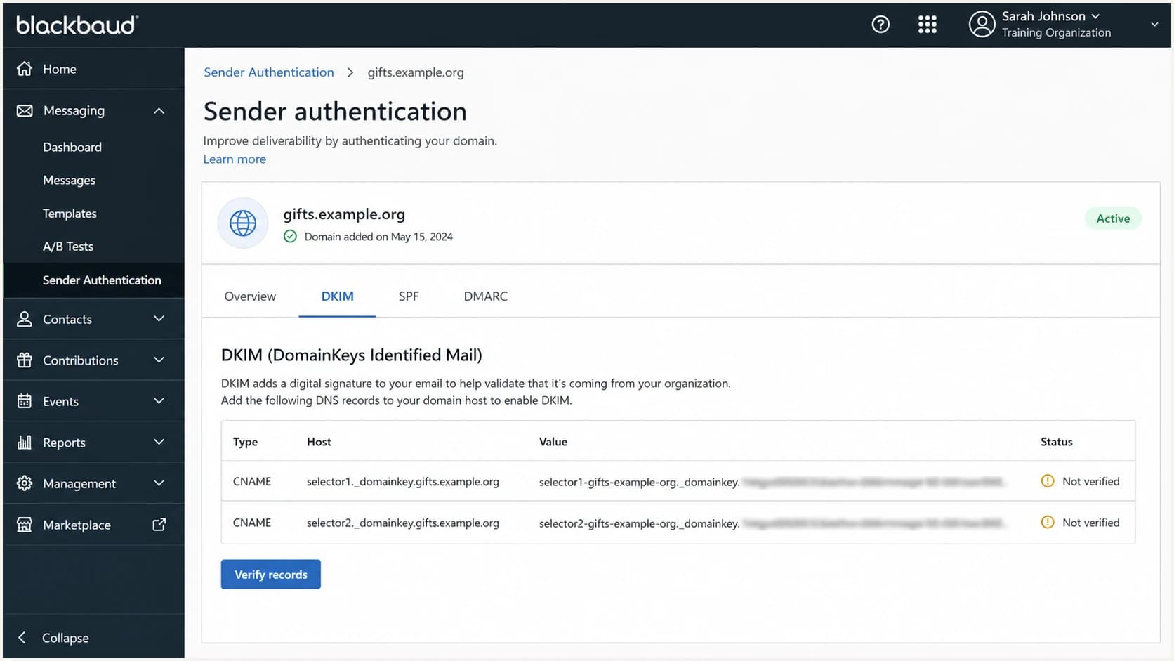 Blackbaud DKIM setup screen showing CNAME records to publish.