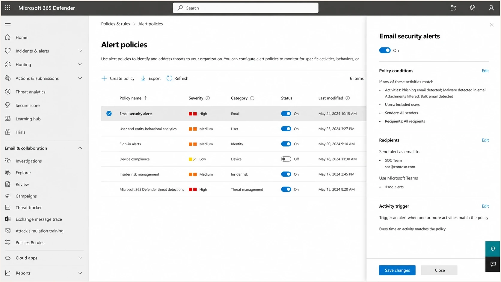 Microsoft Defender portal alert policies screen used to inspect tenant-side alerts.