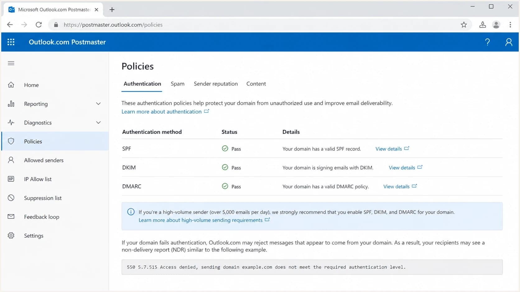 Microsoft Outlook.com Postmaster policies page showing authentication requirements.