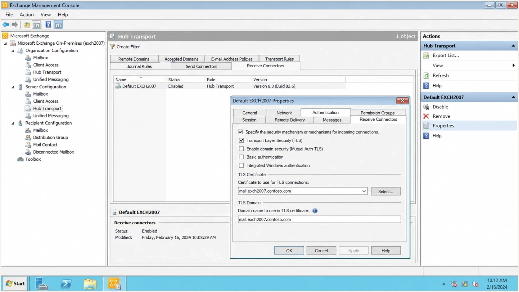 Microsoft Exchange Management Console receive connector settings relevant to STARTTLS.