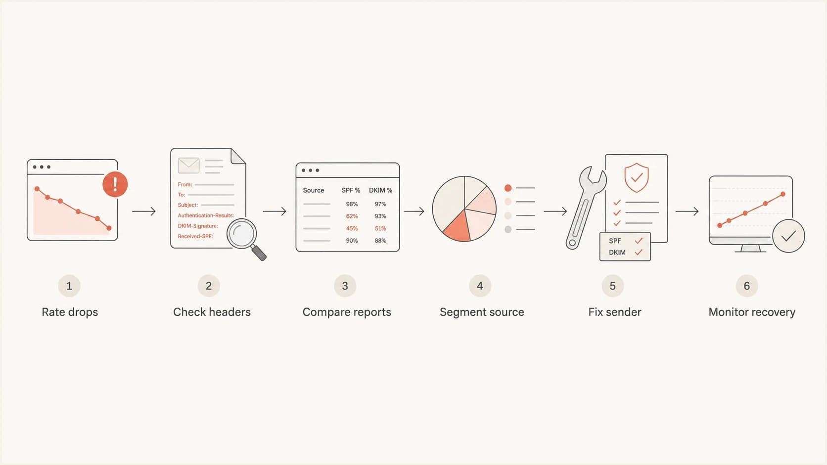 Decision path for validating a Postmaster Tools authentication rate drop.