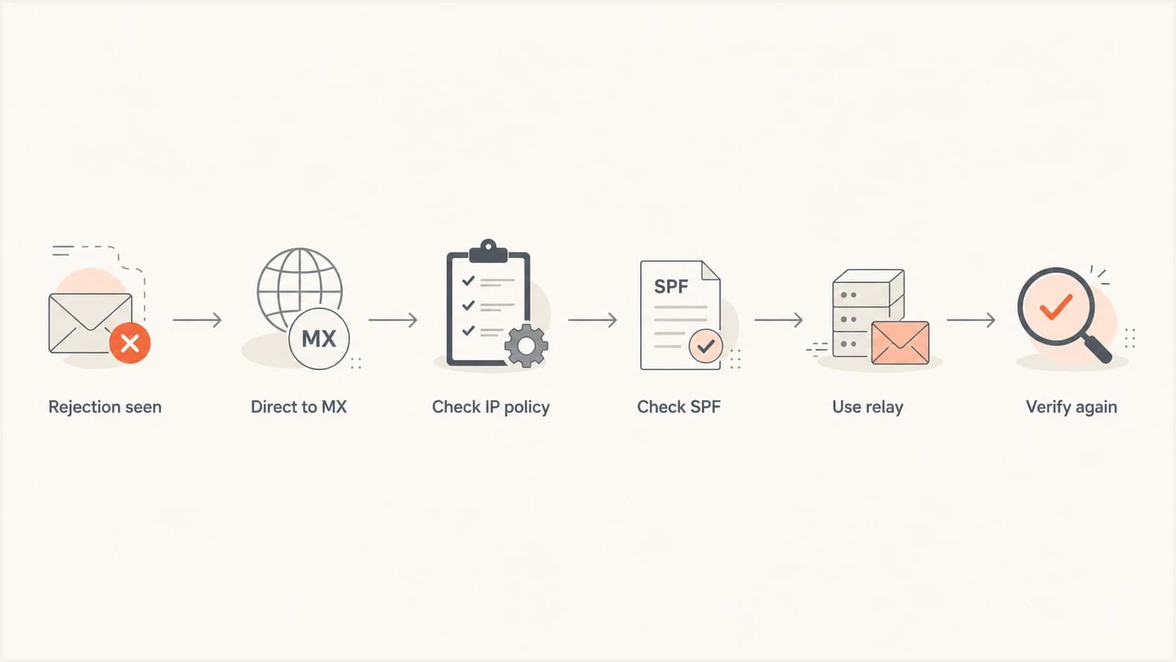 A flowchart showing how to diagnose an unauthorized sending IP rejection.