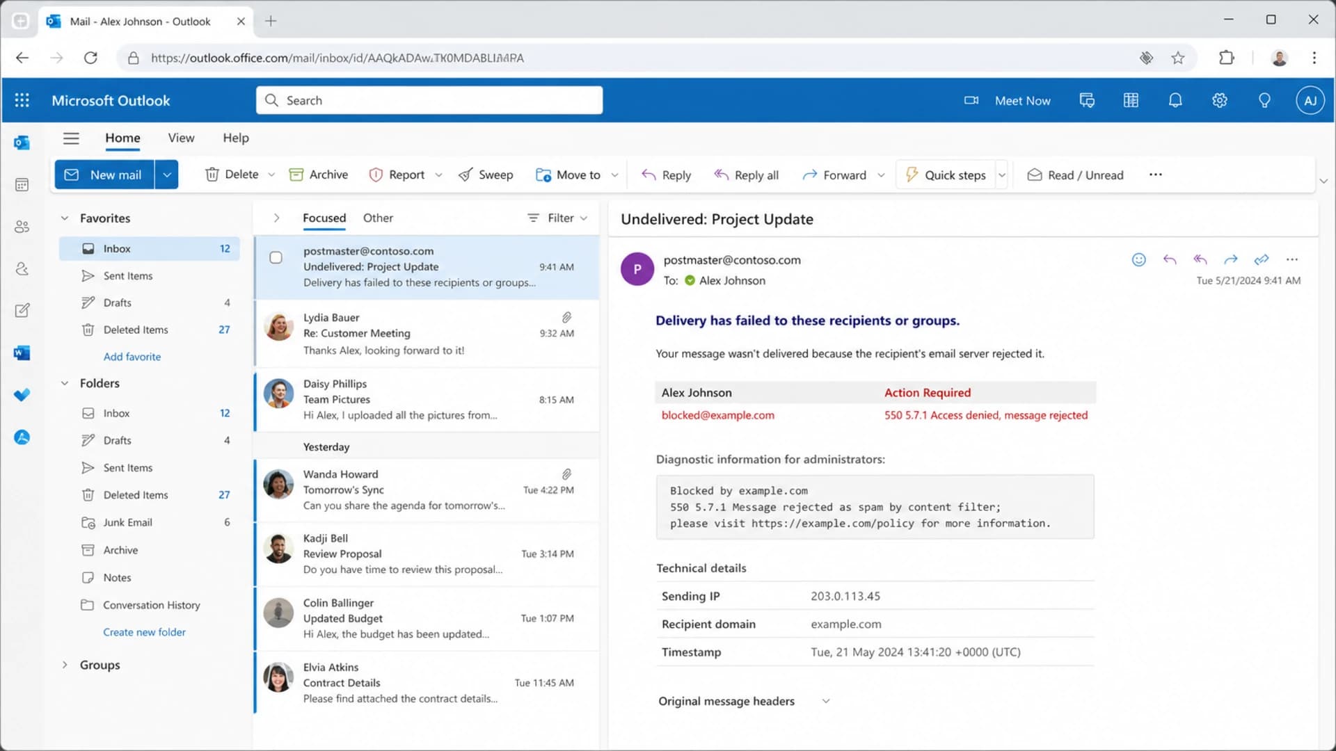 Microsoft Outlook delivery failure screenshot with block details.