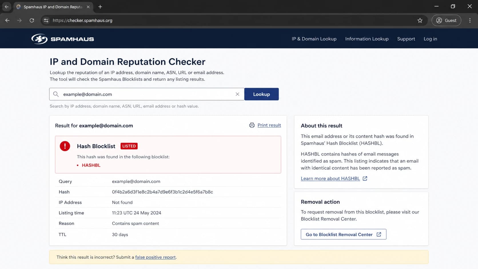 Spamhaus reputation checker screen showing an HBL lookup result.