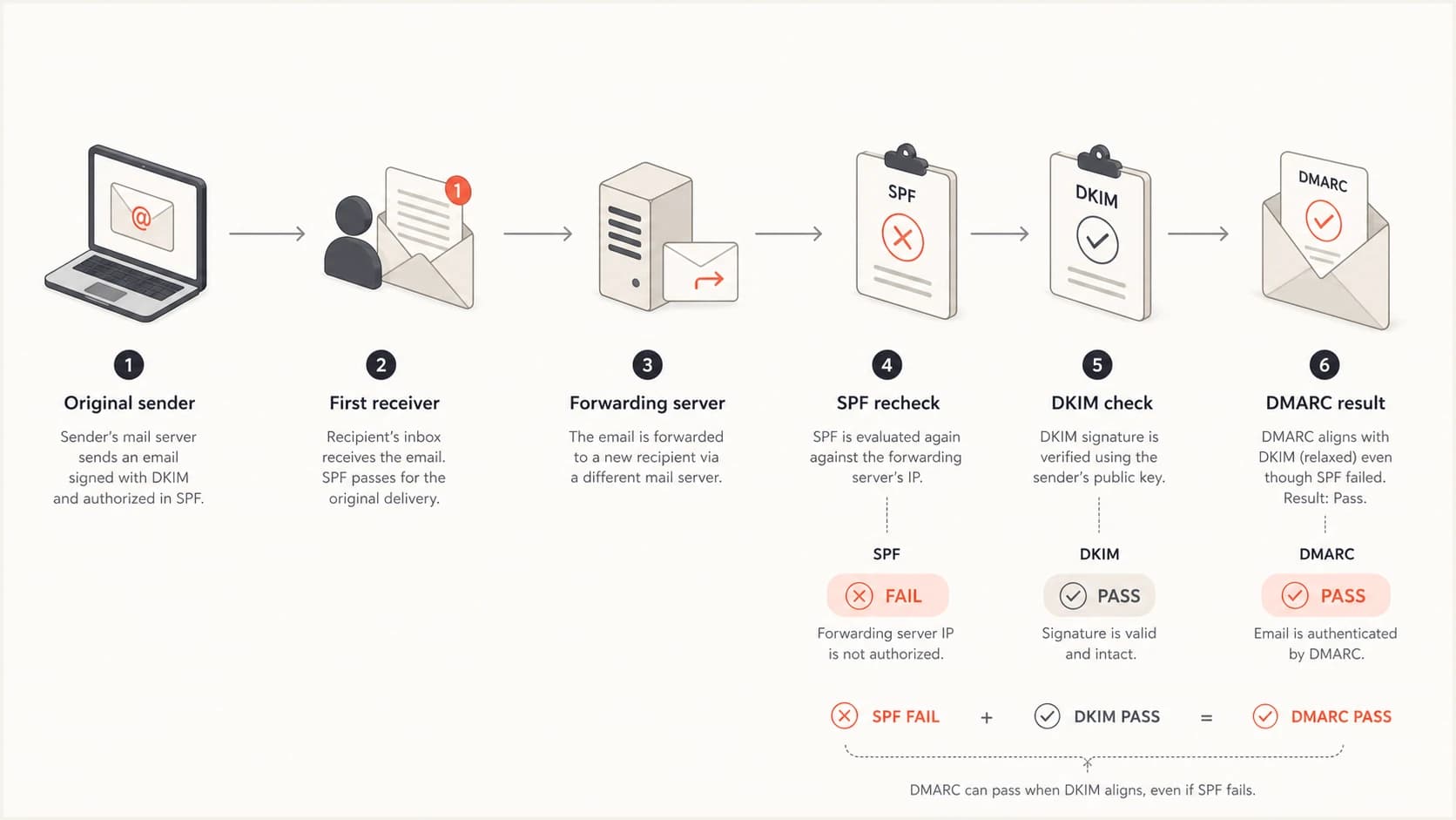 Flow of SPF and DKIM checks after email forwarding