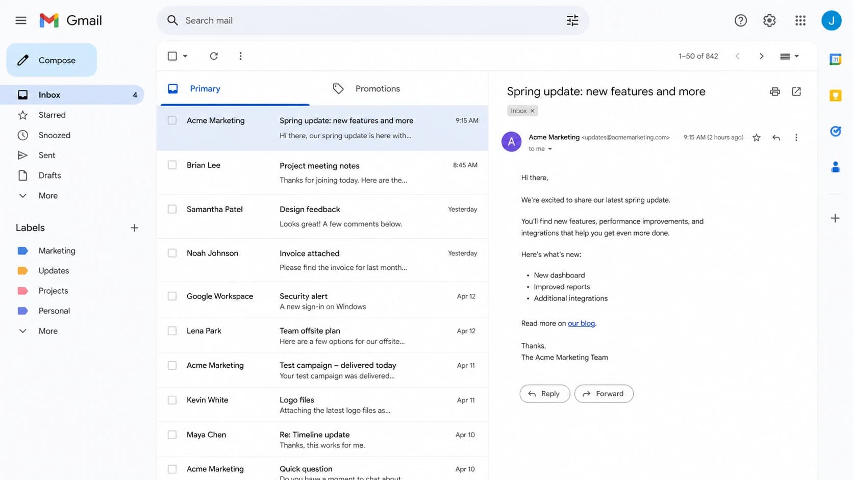 Gmail inbox screenshot showing where a test campaign can land.