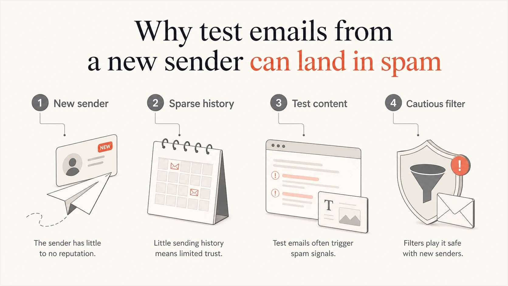 Infographic showing why new sender test emails can trigger cautious filtering.