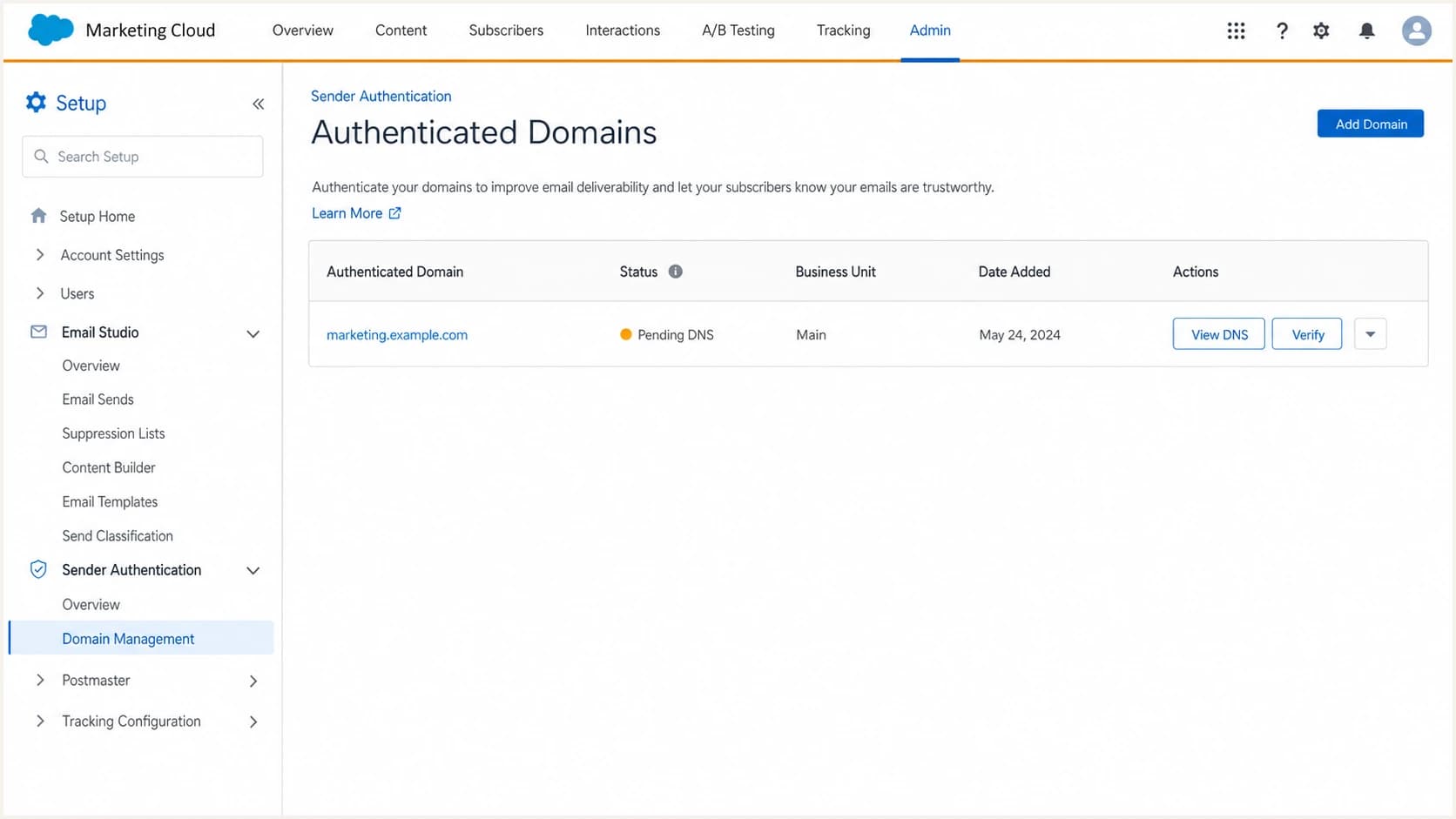 Salesforce Marketing Cloud authenticated domain setup screen.