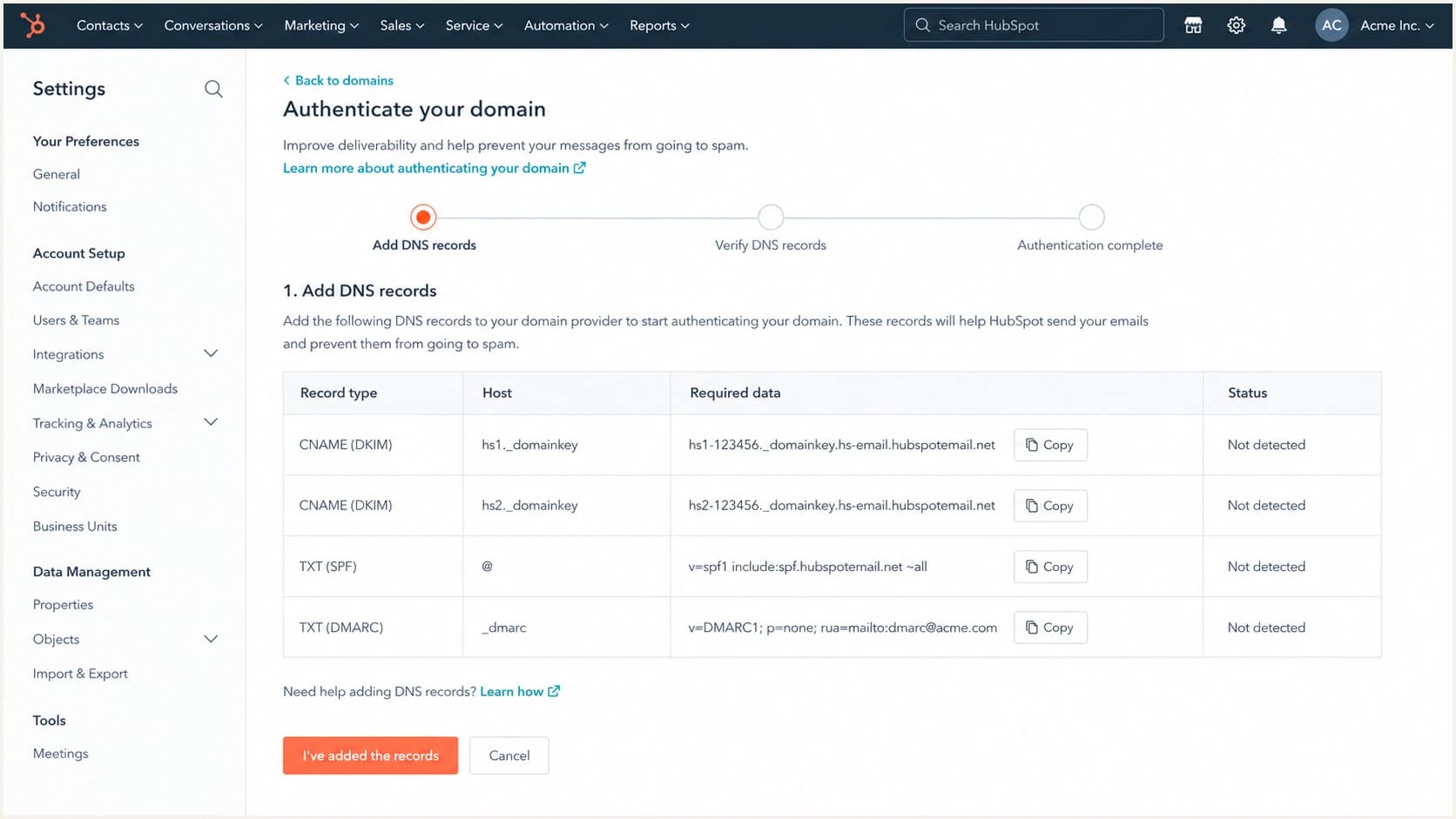 HubSpot DNS record table showing two DKIM CNAME records.