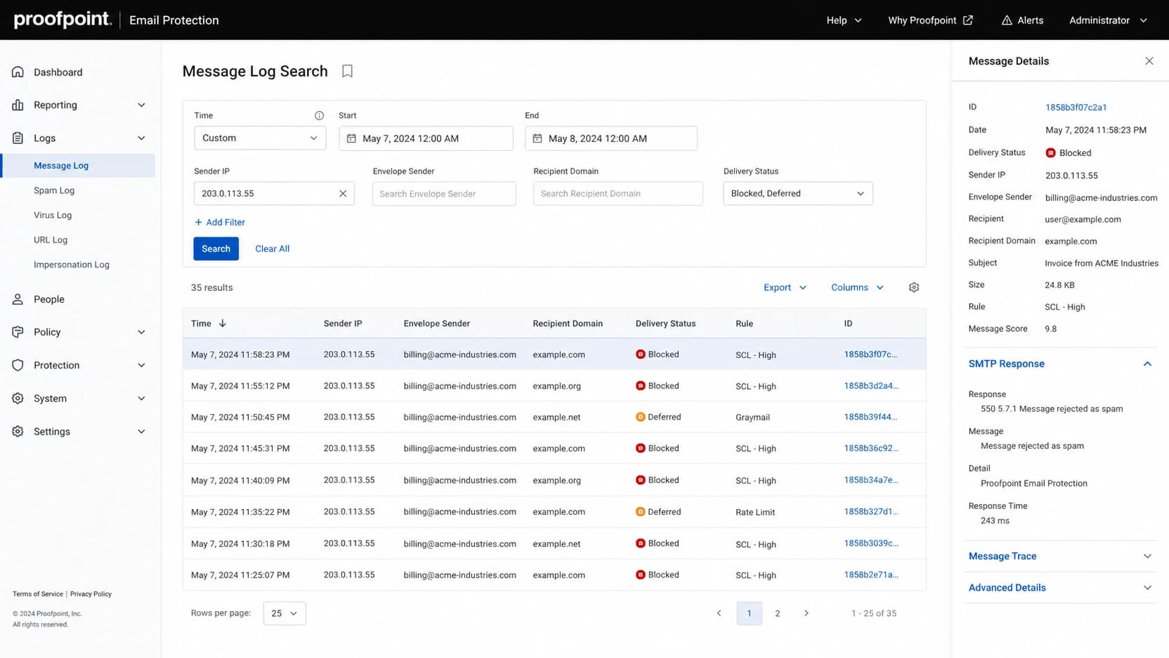 Proofpoint Email Protection message log with sender IP and delivery status filters.