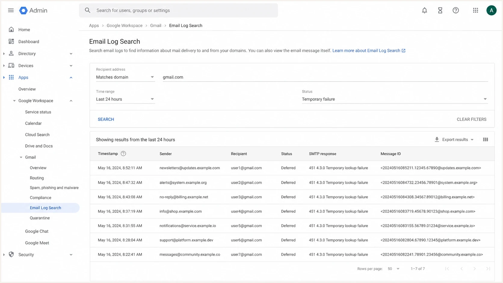 Google Workspace Admin console Email Log Search showing deferred Gmail messages.