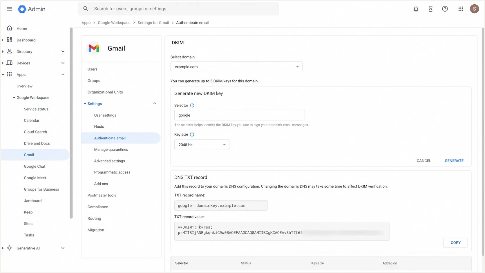 Google Admin Console DKIM setup screen showing a selector field.