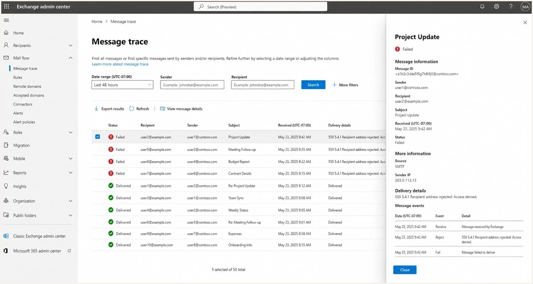 Microsoft 365 Exchange admin center message trace showing 550 5.4.1 failures.