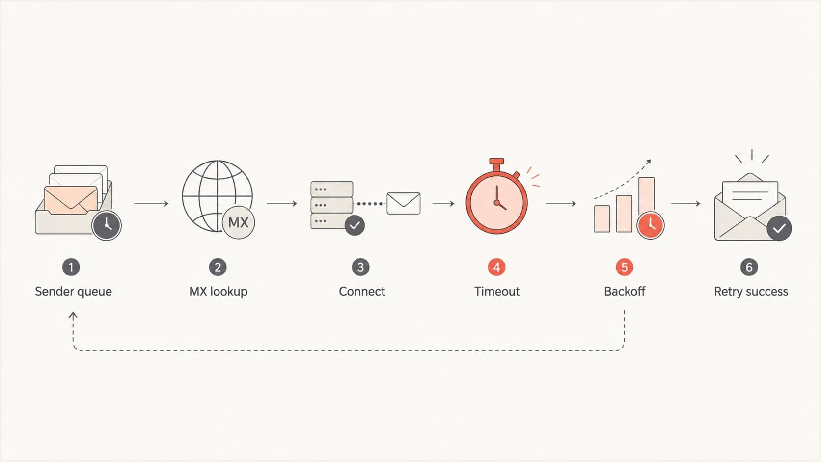 Flowchart showing a Comcast timeout moving from sender queue to MX lookup, connection, timeout, backoff, and retry success.