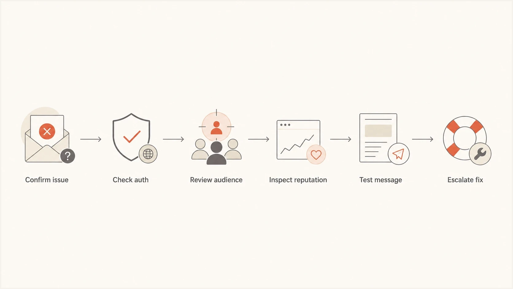 Flowchart showing the order for troubleshooting poor inbox placement.