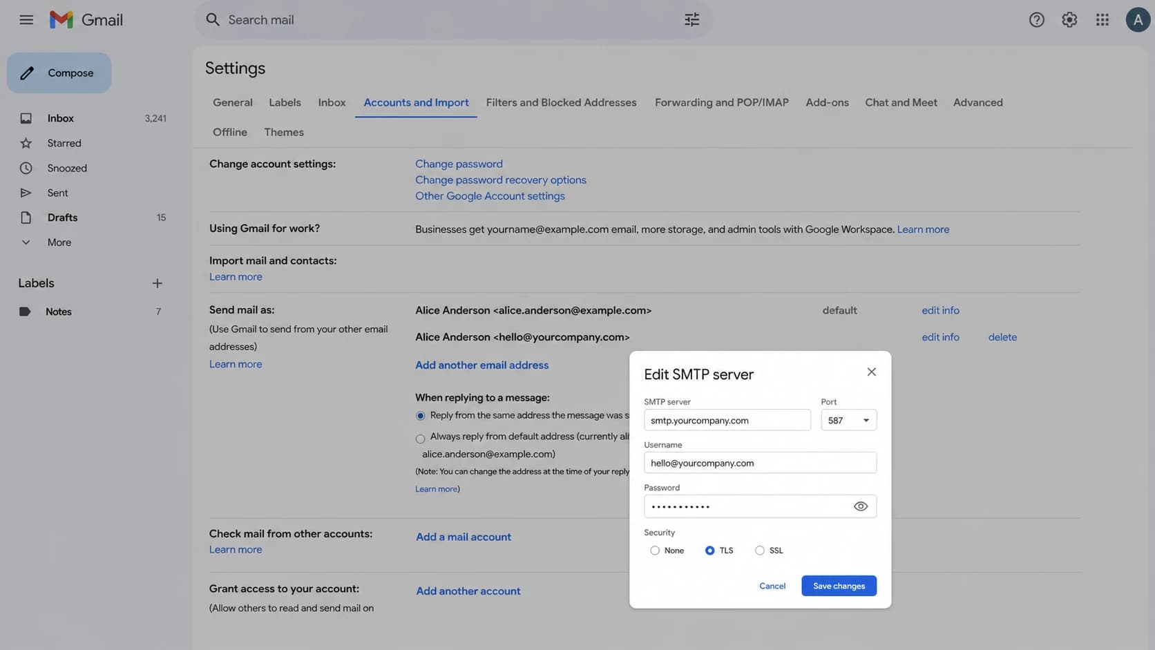 Gmail settings showing Send mail as SMTP configuration for a custom domain.