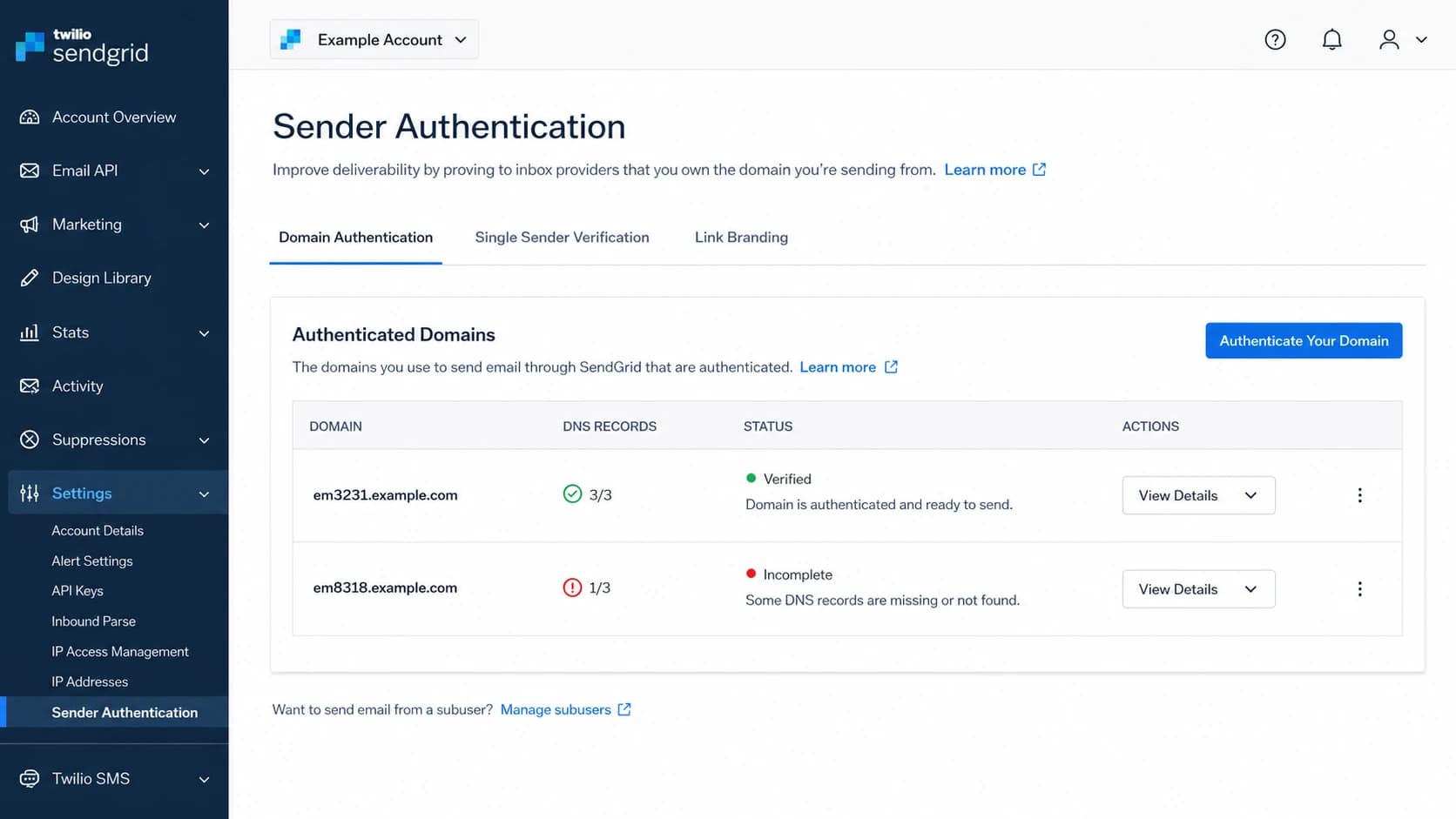 SendGrid sender authentication screen showing verified and incomplete sending subdomains.