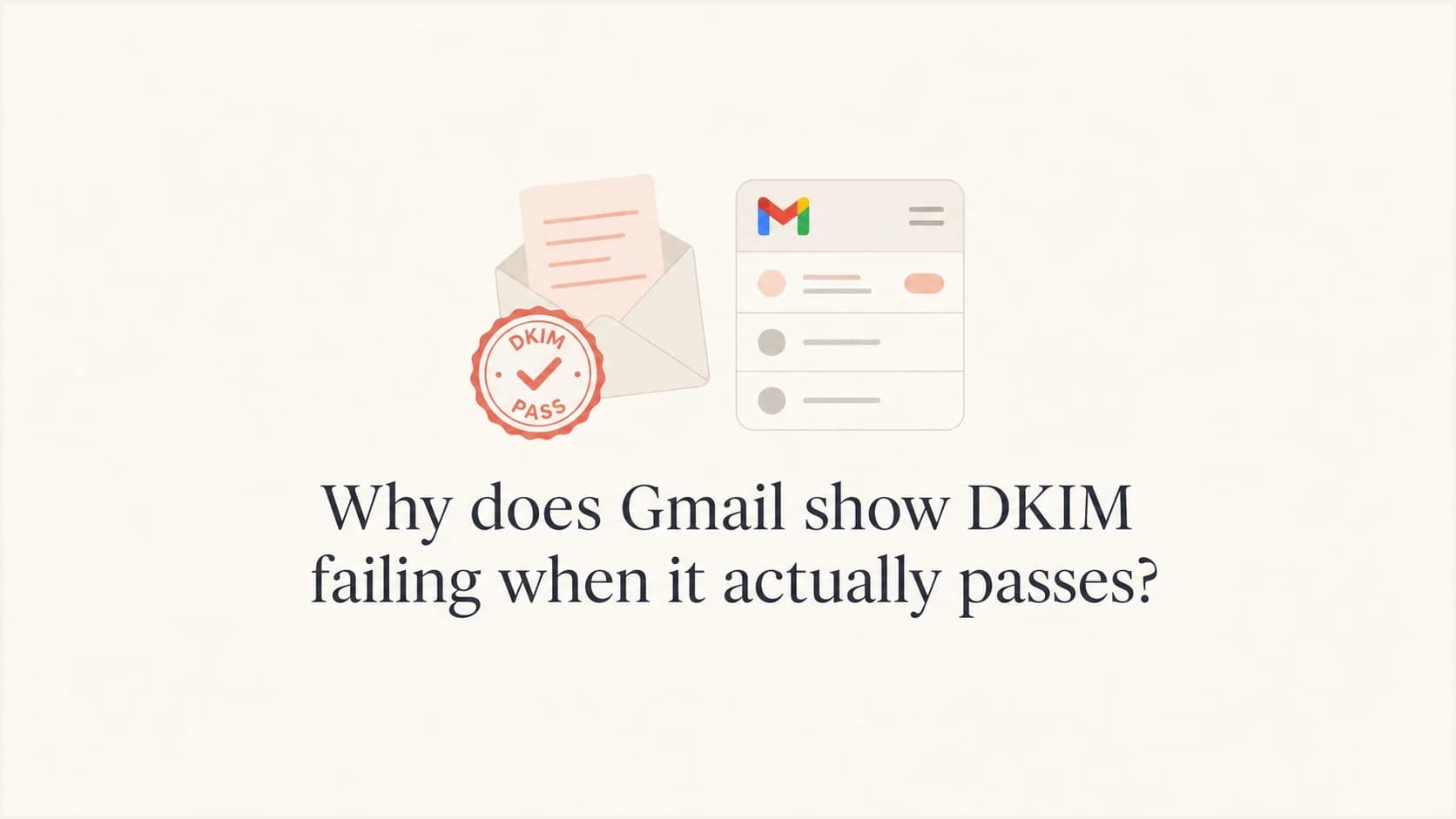 A calm editorial thumbnail about Gmail showing DKIM as failed even when headers pass.