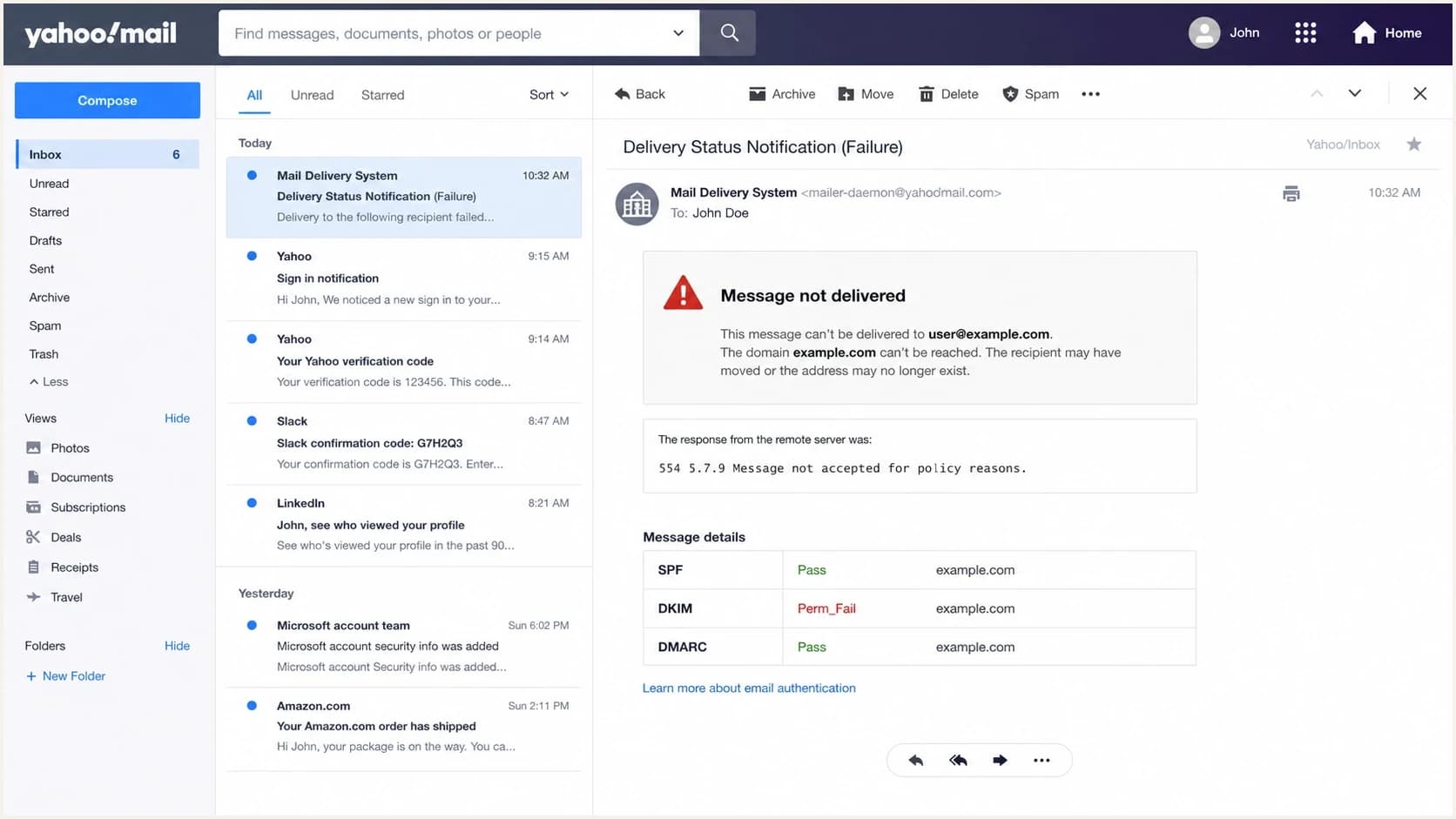 Yahoo Mail screenshot concept showing a 554 5.7.9 rejection and authentication details.