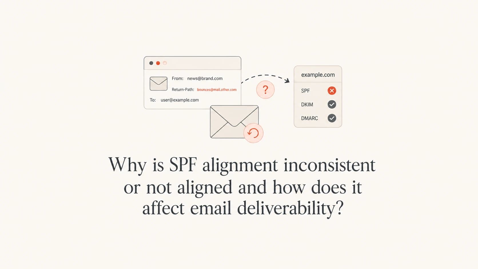 SPF alignment article thumbnail with email header objects and a domain check.