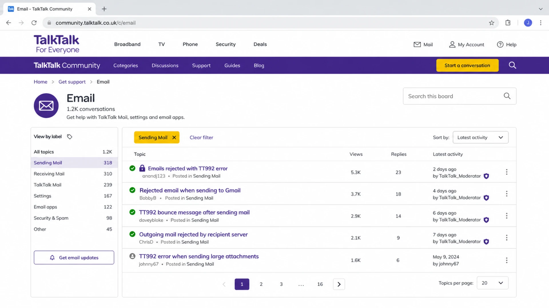 TalkTalk Community Email board where senders can raise mail delivery issues.