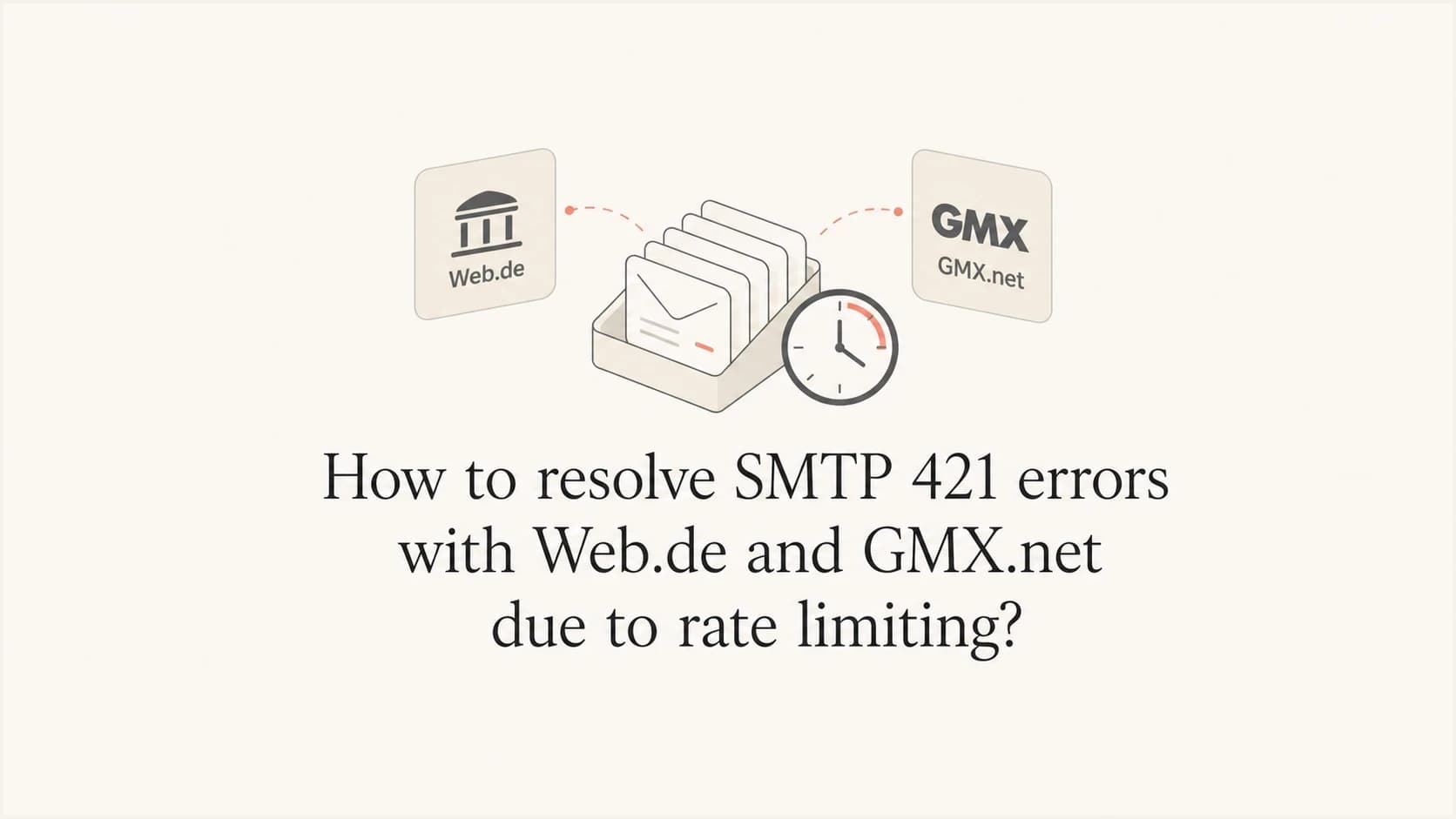 A calm editorial thumbnail showing a mail queue, clock, and Web.de and GMX.net mailbox tiles.