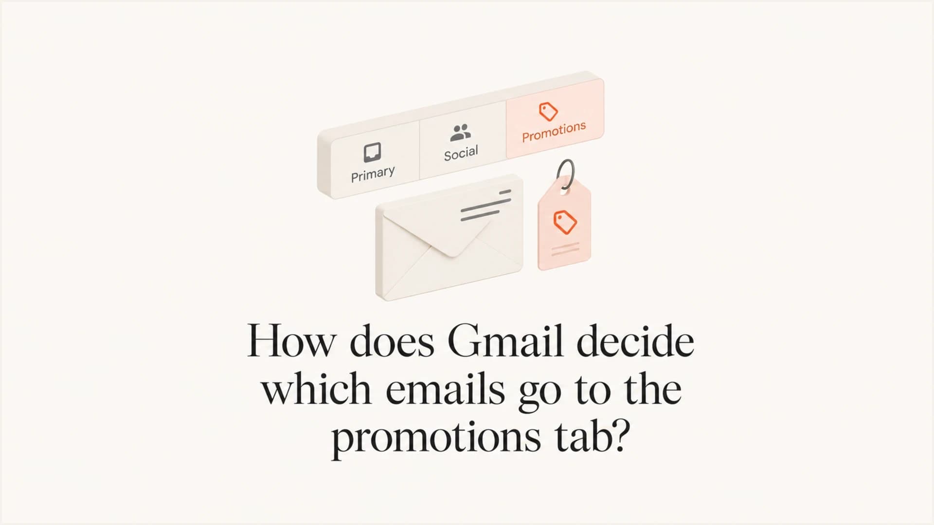 Gmail Promotions tab placement article thumbnail with inbox tabs, an envelope, and a tag icon.