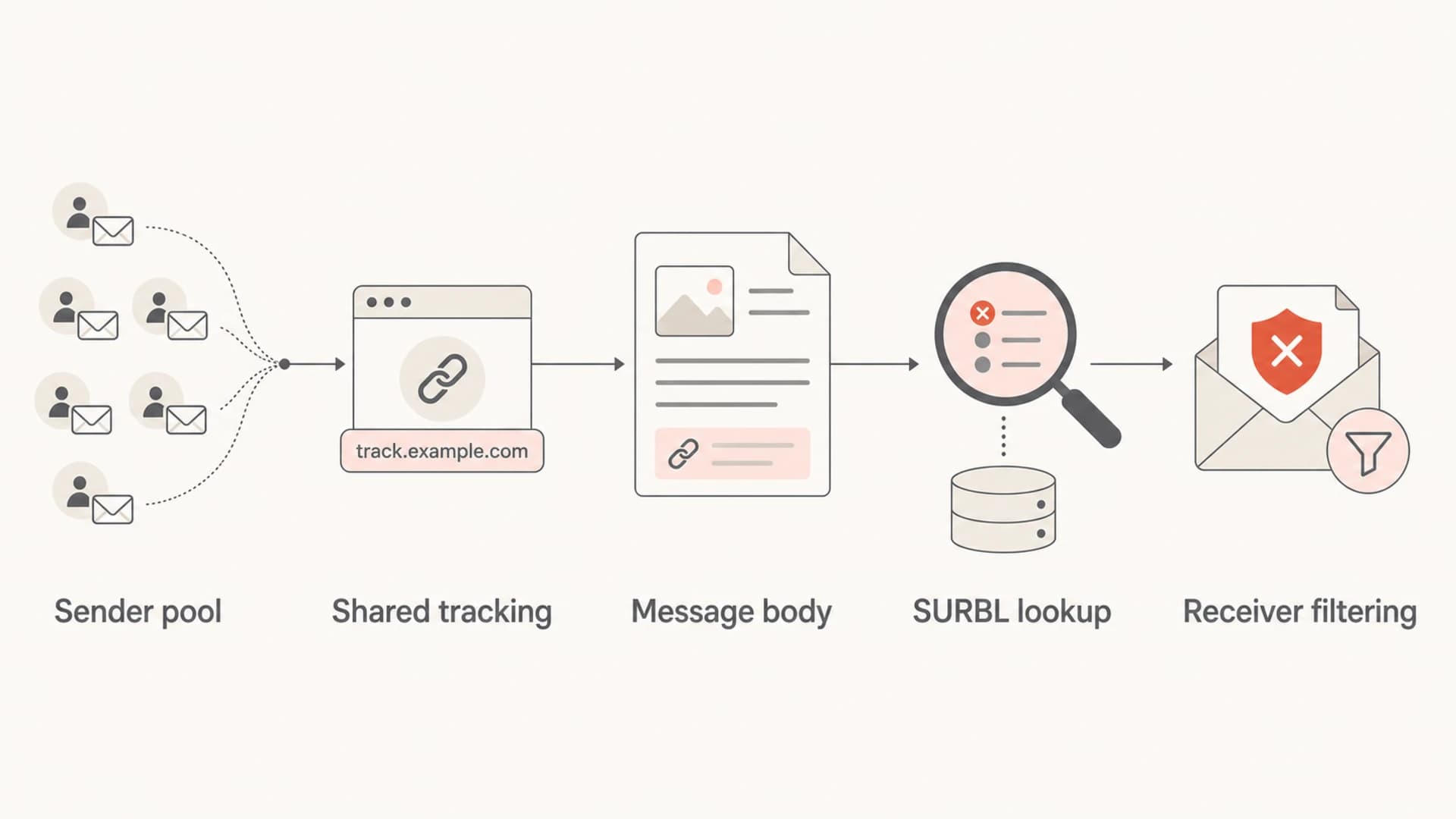 Diagram showing how shared tracking URLs can affect receiver filtering