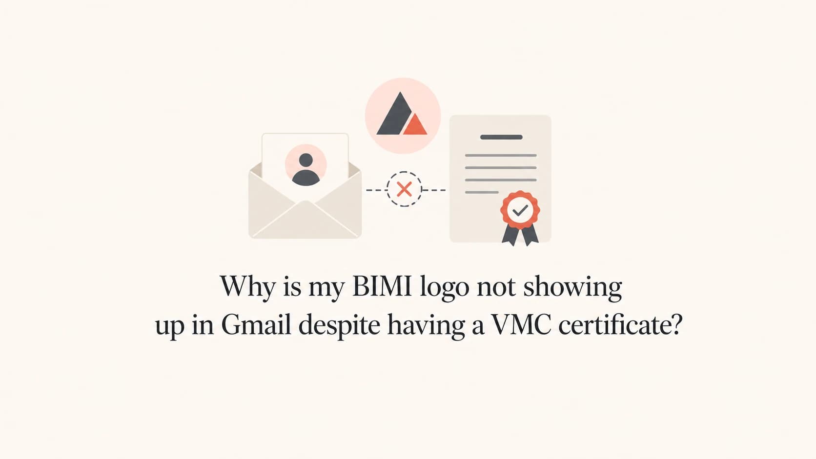 A certificate, email, and logo mark showing a BIMI mismatch in Gmail.