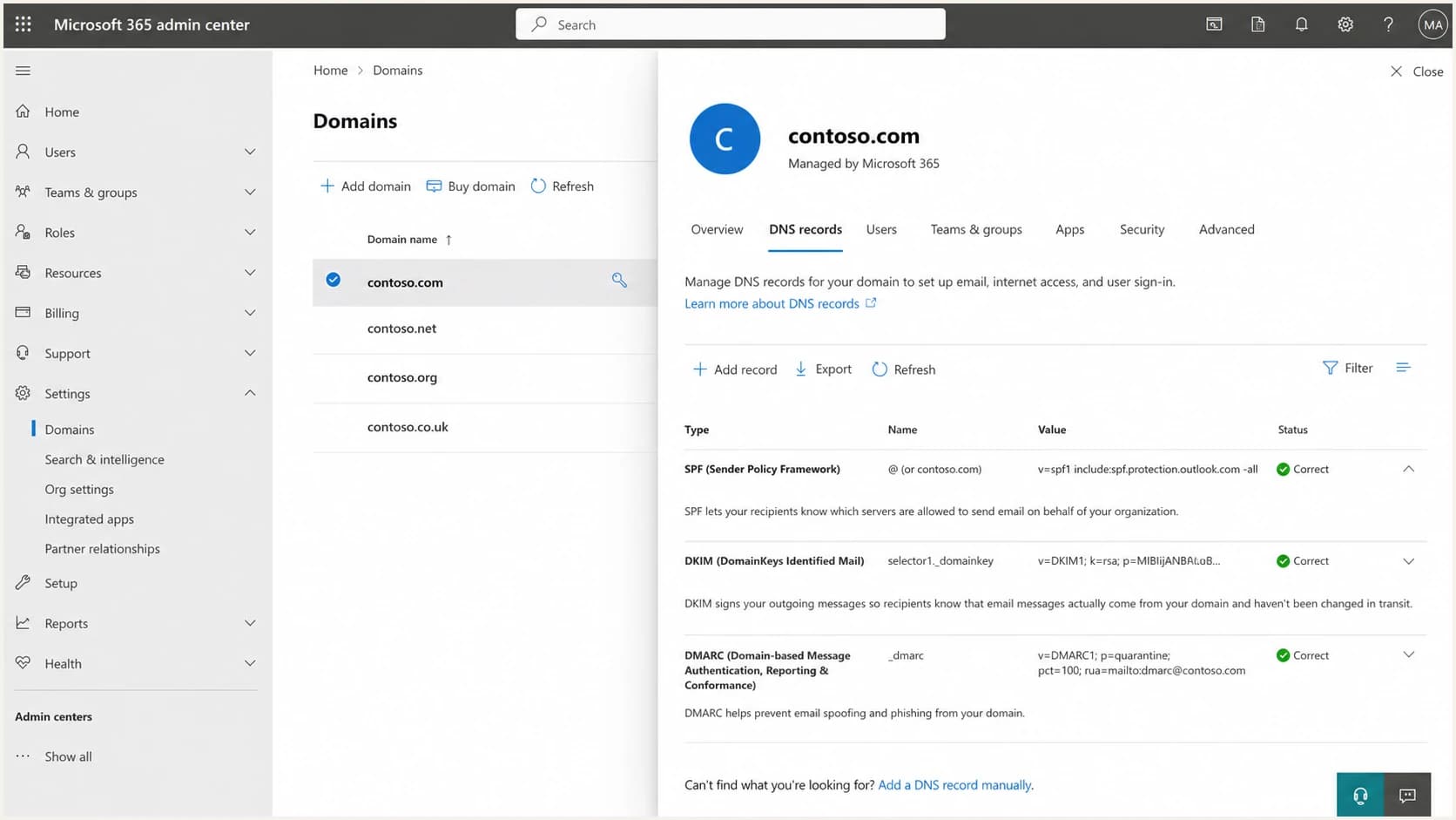 Microsoft 365 admin center domain screen showing DNS and email authentication status.