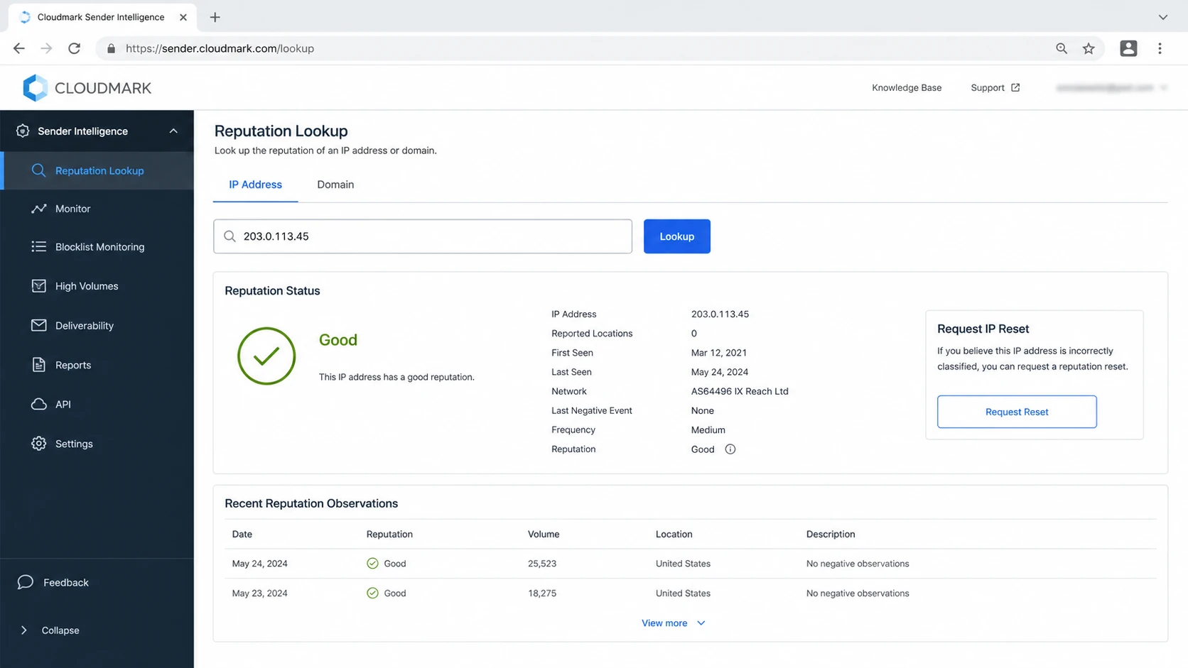 Cloudmark Sender Intelligence reputation lookup screen concept.