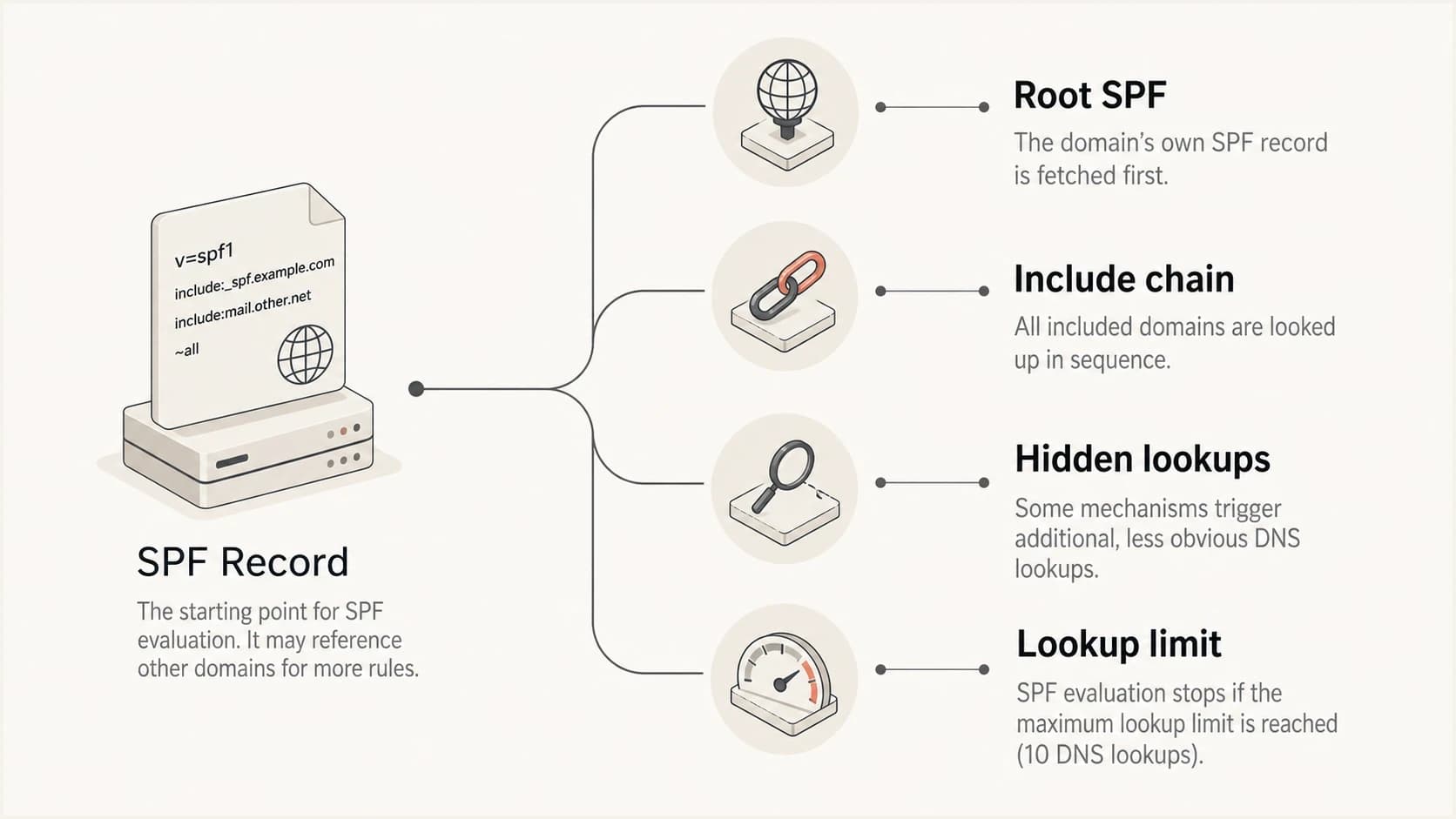 SPF include chains can hide extra DNS lookups under one visible record.