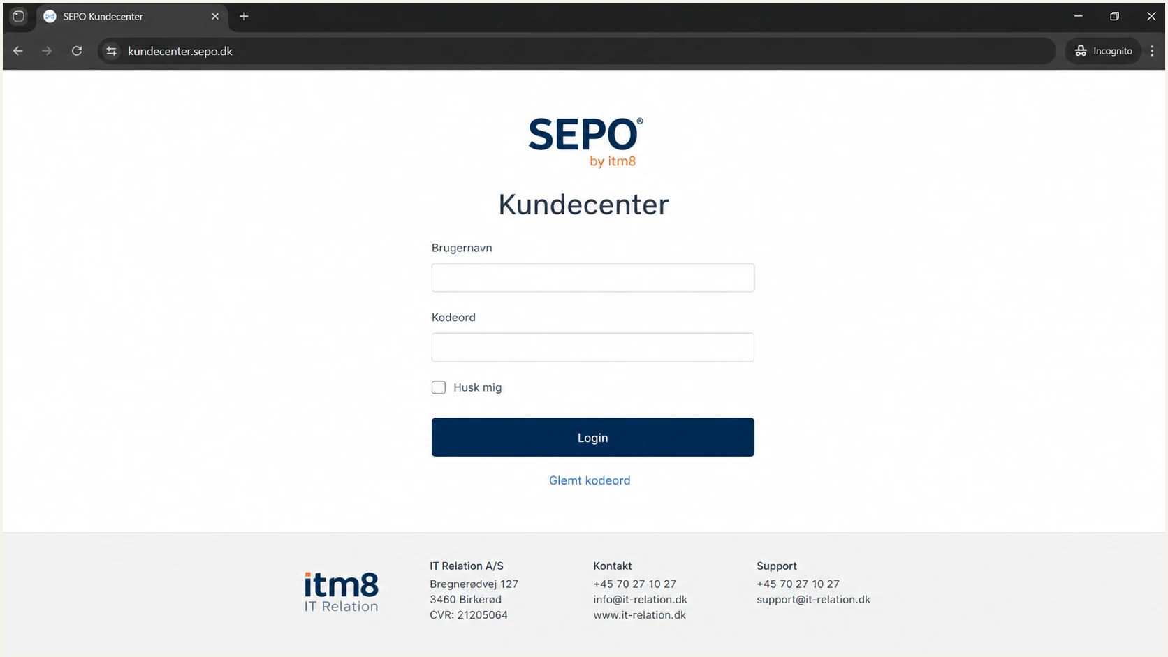 SEPO by itm8 customer centre login screen