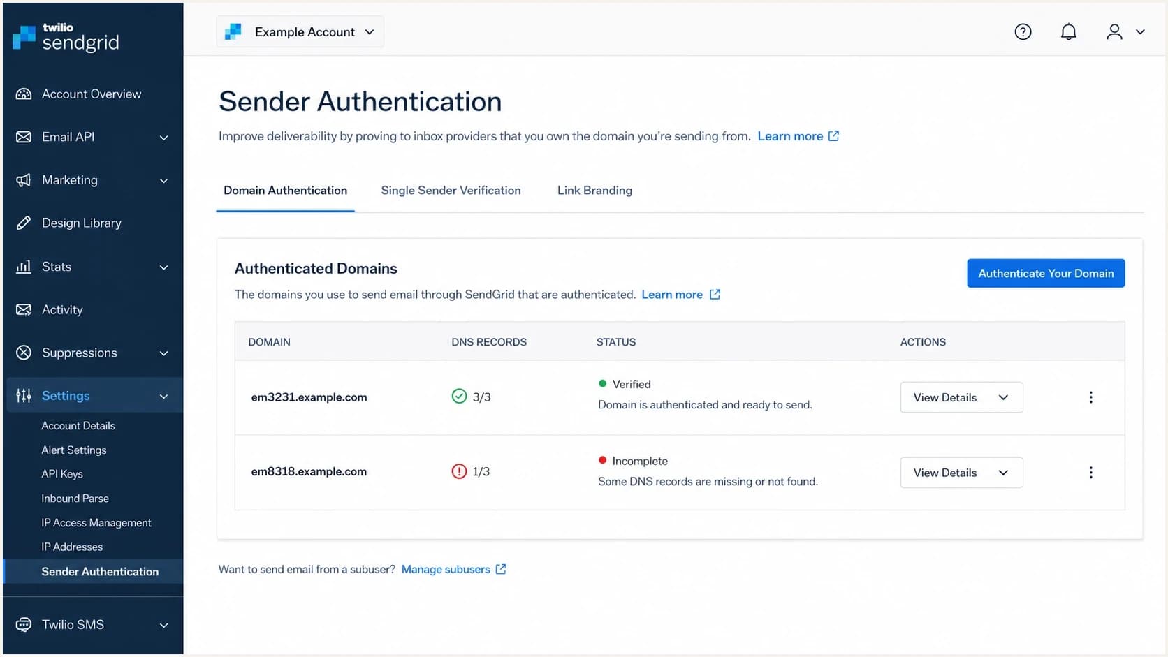 SendGrid sender authentication screen showing verified and incomplete sending subdomains.