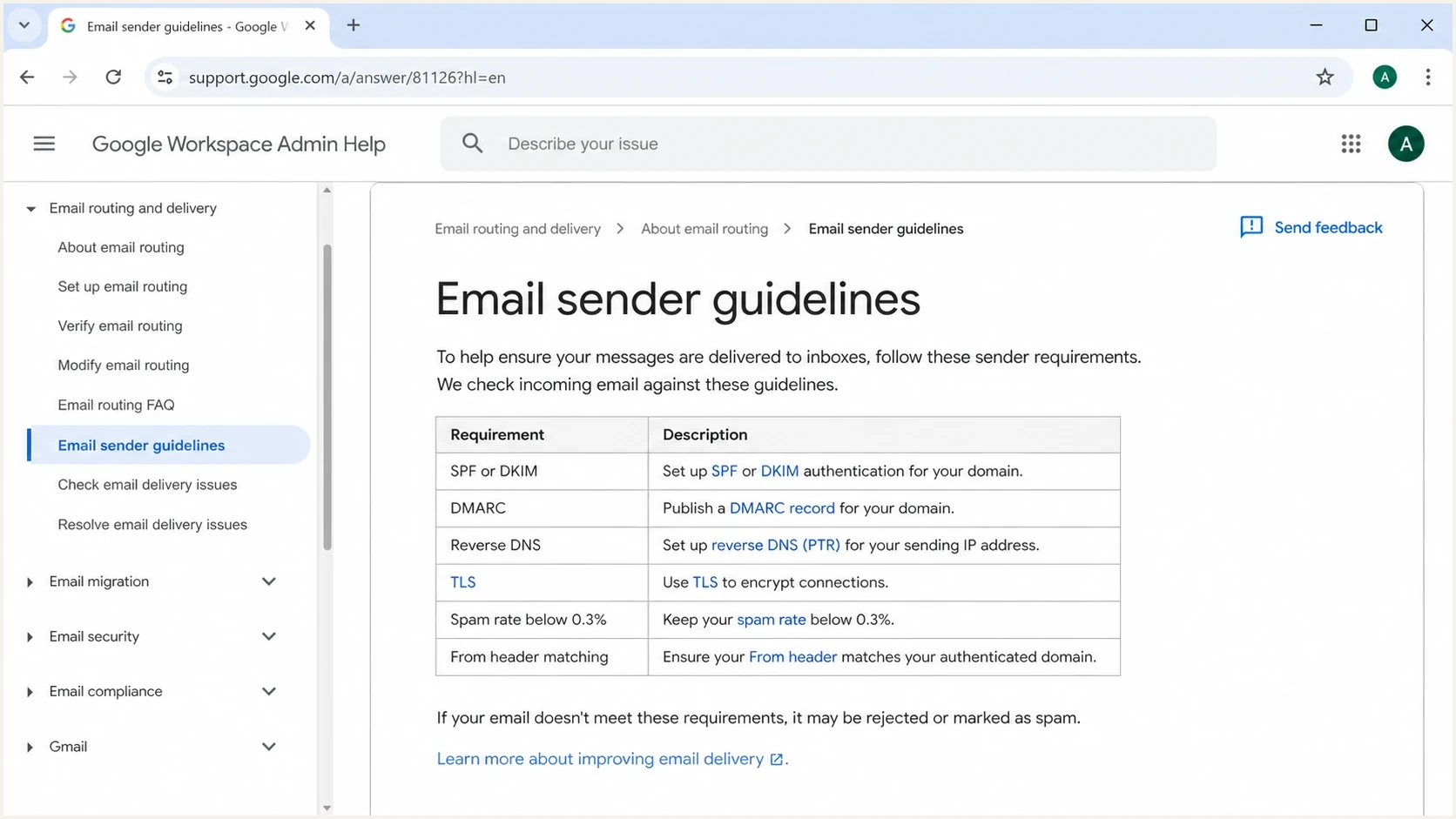 Google Workspace Admin Help page showing sender guideline requirements.