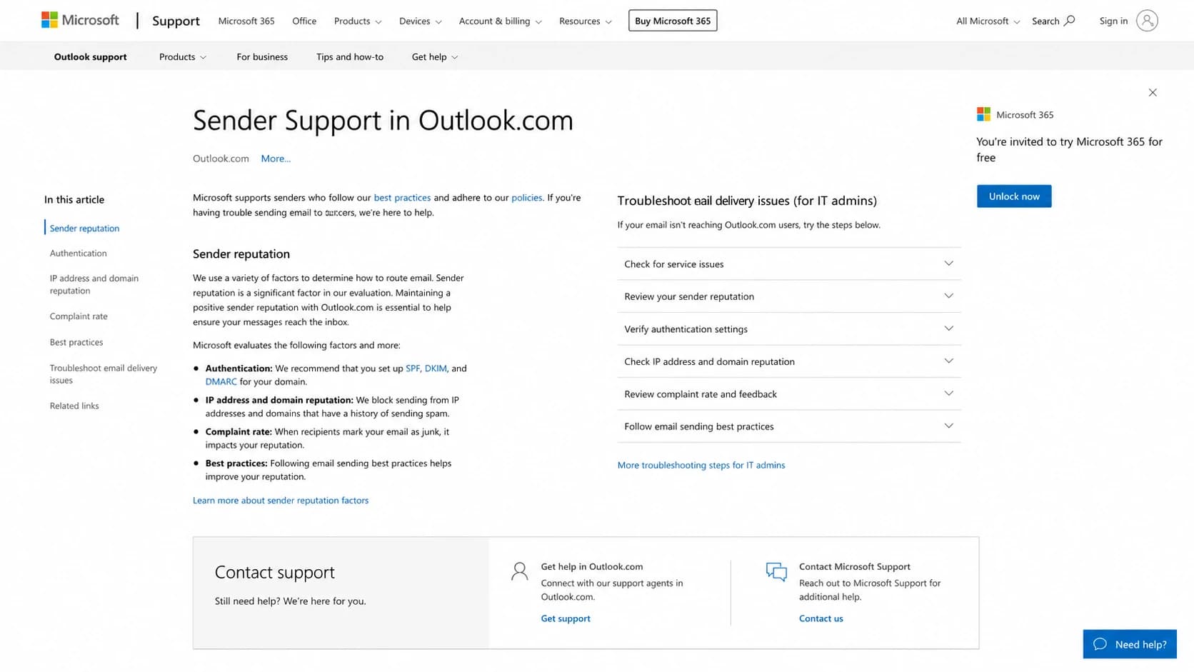 Microsoft Sender Support page shown as the official appeal starting point.
