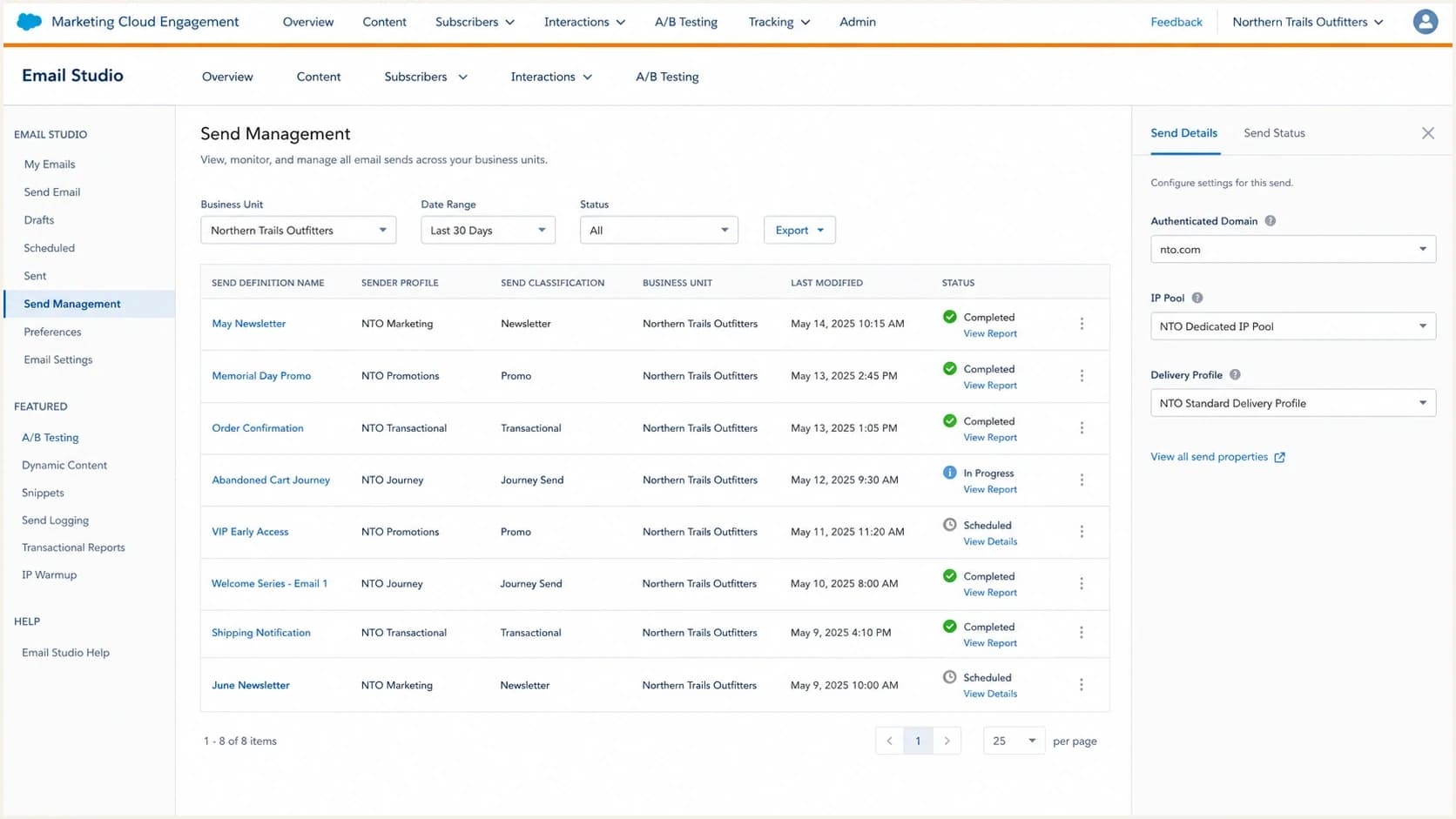 Salesforce Marketing Cloud Engagement screen showing send configuration fields that affect authentication.