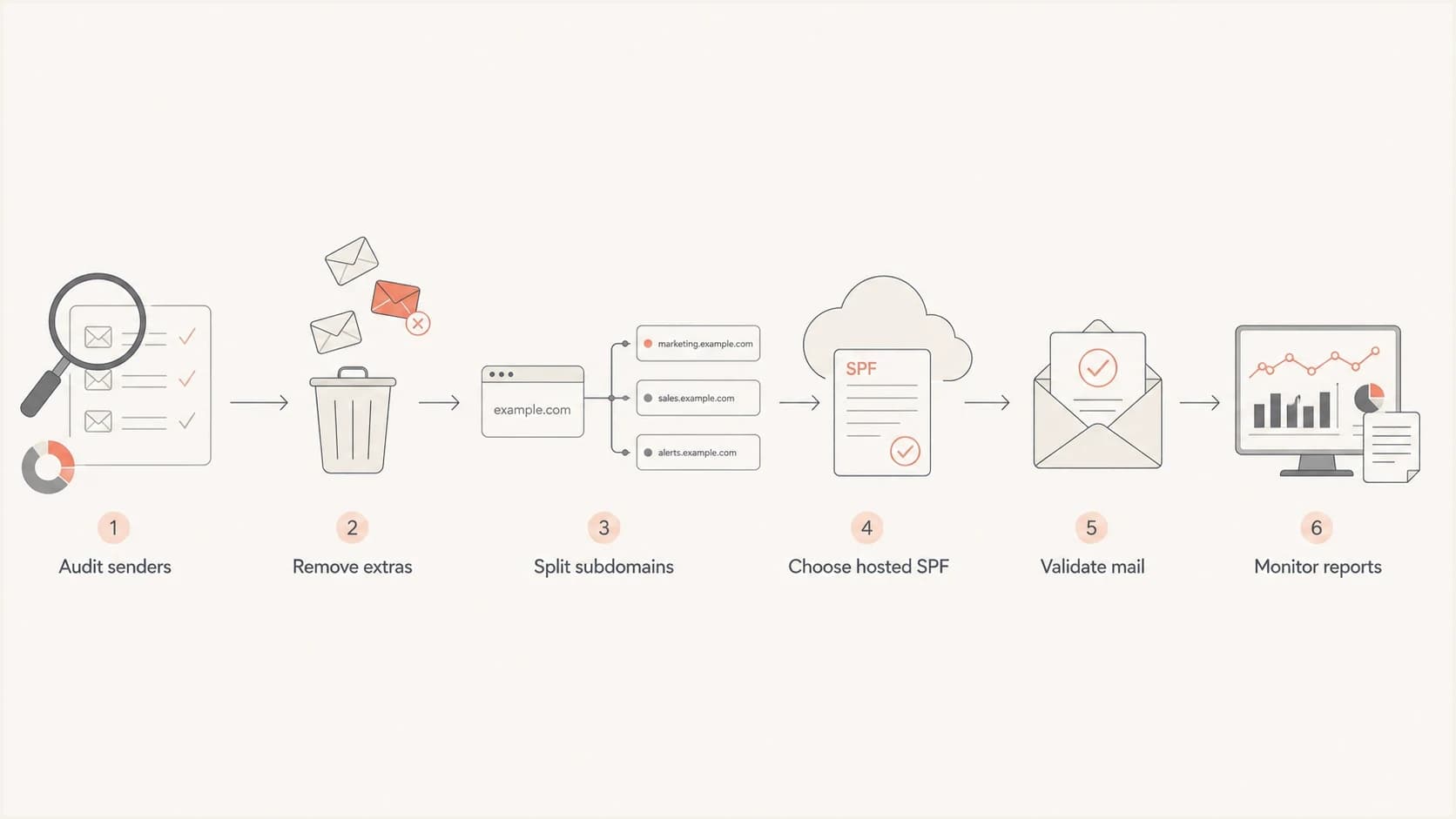 Flowchart showing SPF cleanup, hosted SPF, validation, and monitoring.