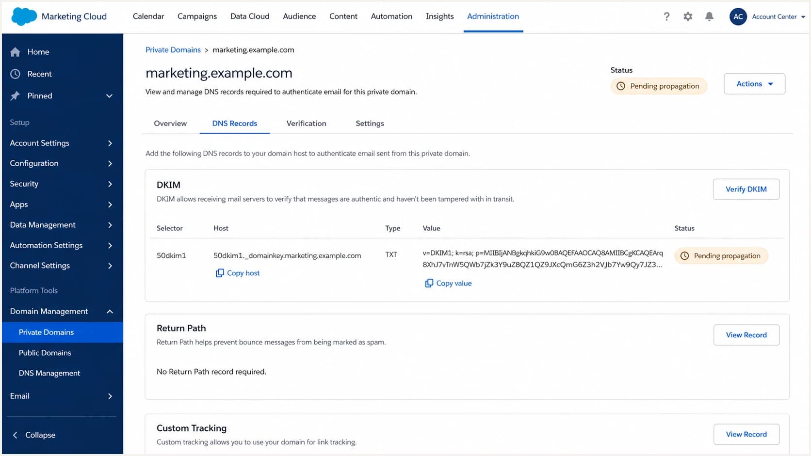 Salesforce Marketing Cloud DKIM selector and key screen.