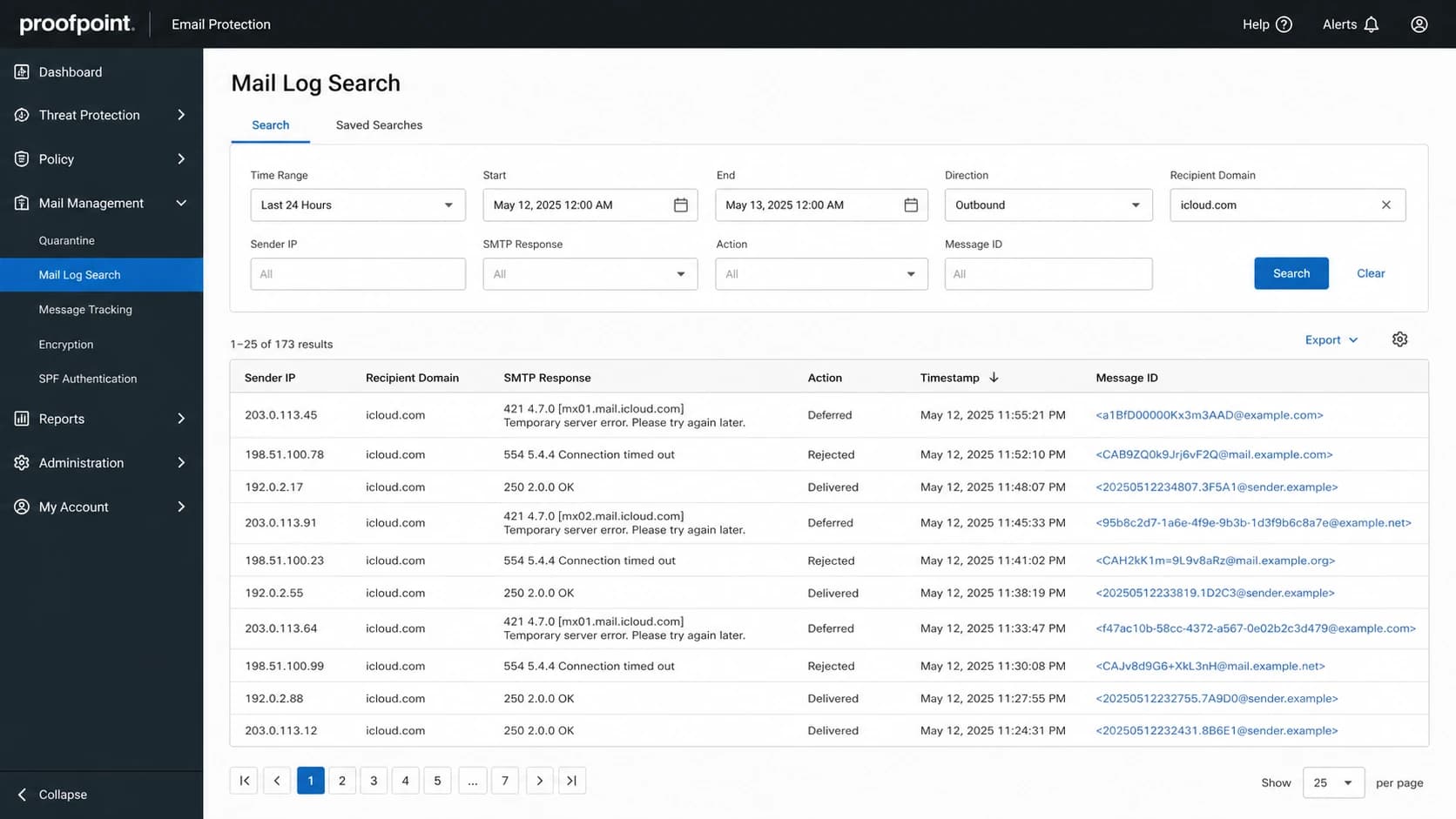 Proofpoint mail log screen showing iCloud deferrals and SMTP responses.