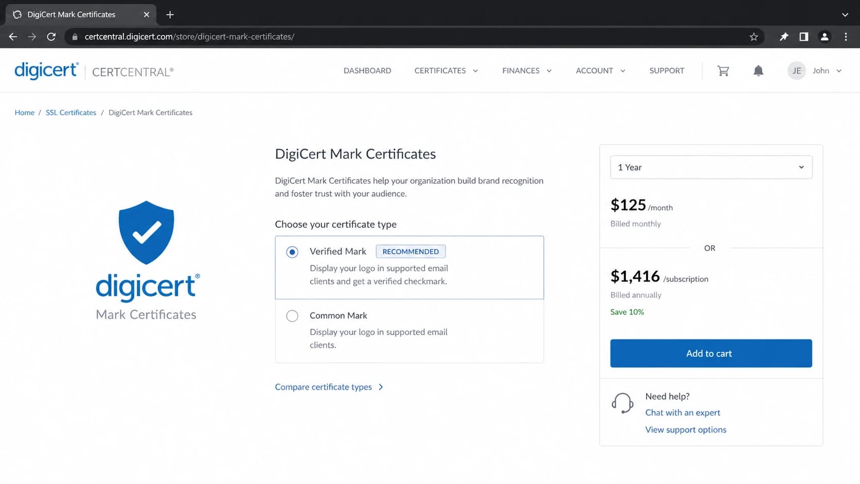 DigiCert Mark Certificates purchase page with annual pricing controls.