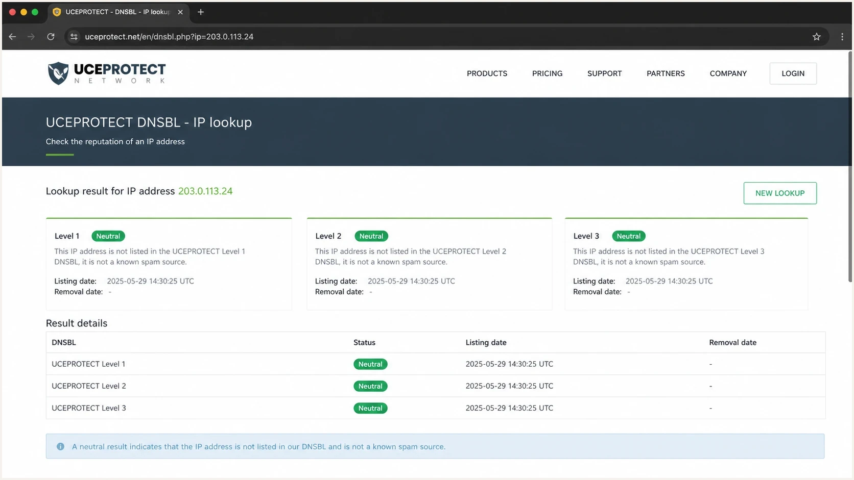 Screenshot-style view of a UCEPROTECT DNSBL lookup result.