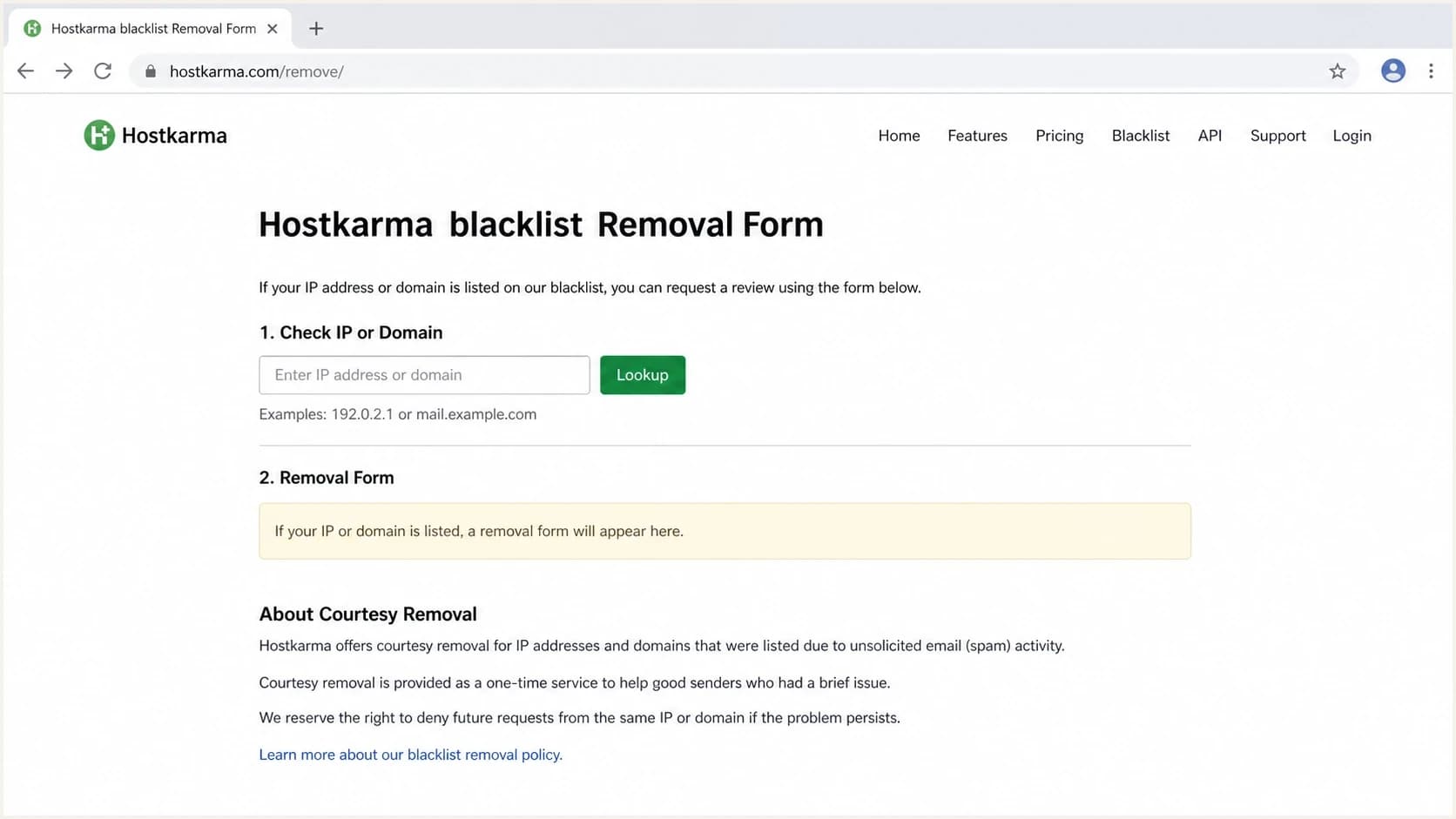 Screenshot-style view of the Hostkarma blacklist removal form.