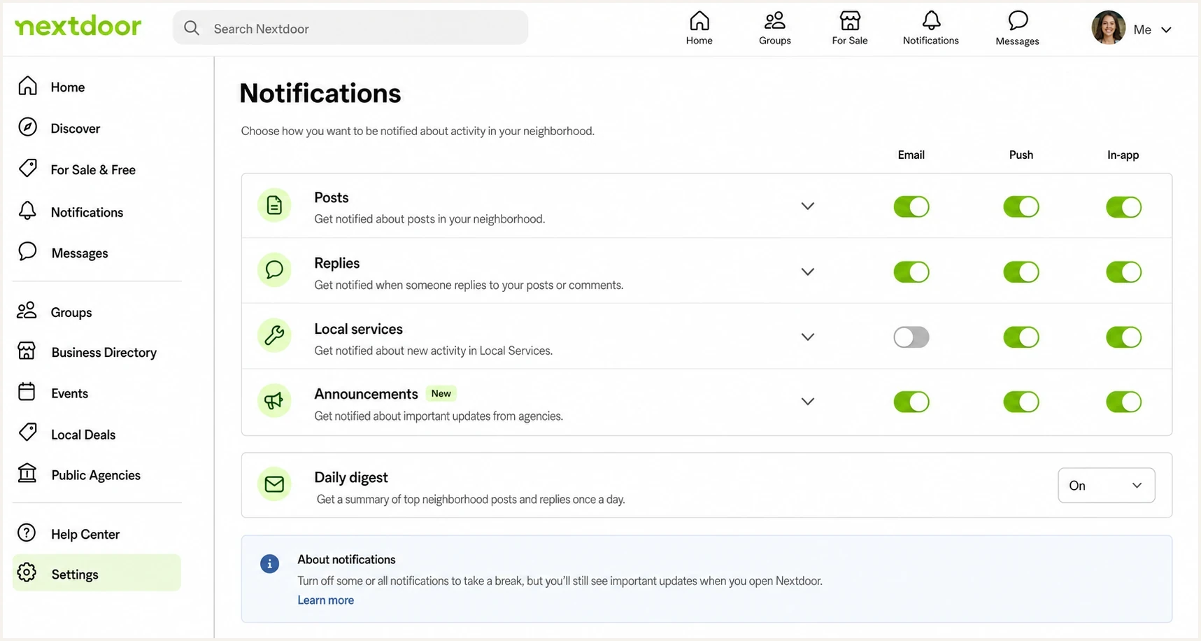 A Nextdoor notification settings screen with multiple email categories and toggles.