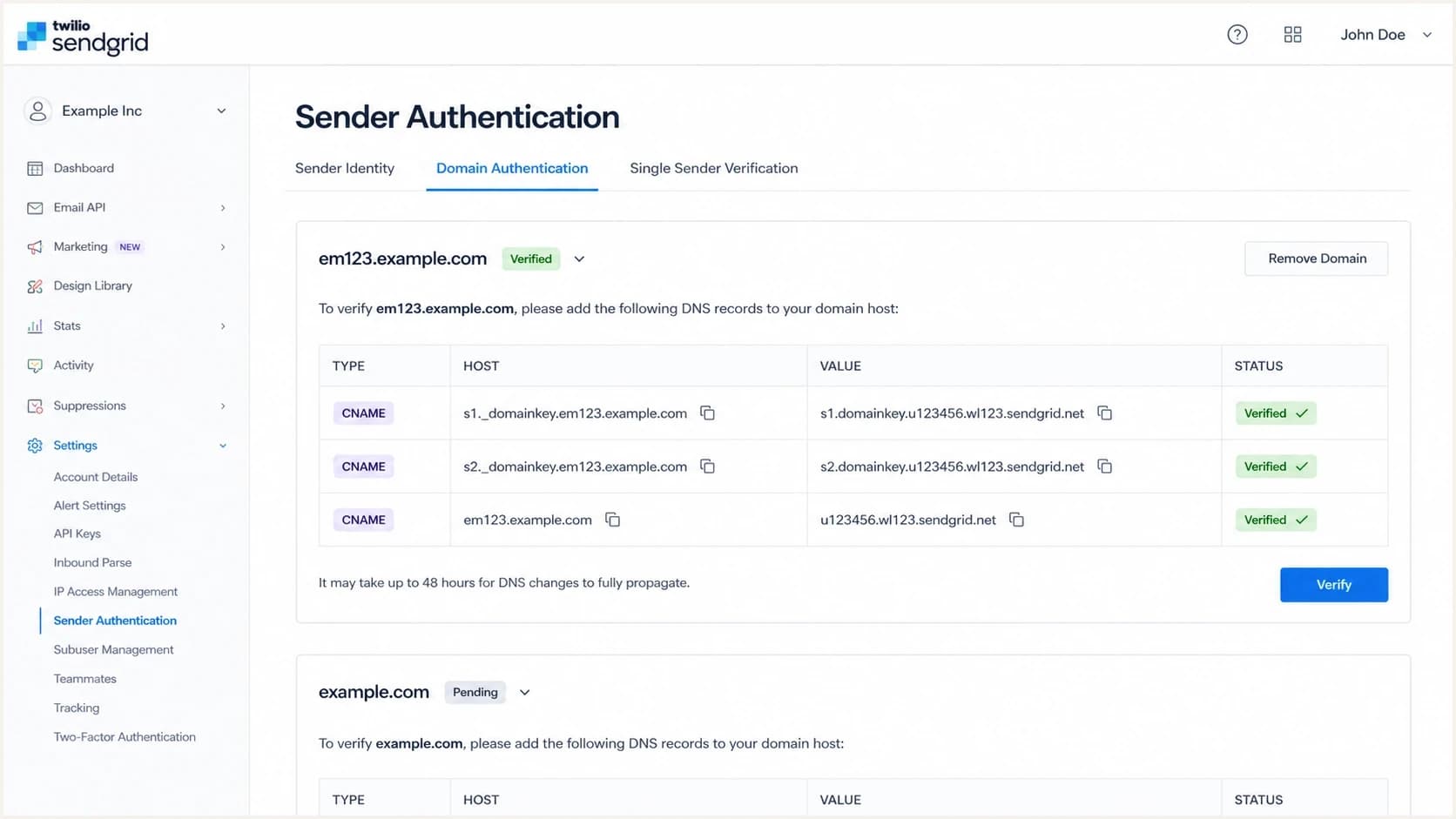 Twilio SendGrid Sender Authentication screen with DNS records for domain authentication.