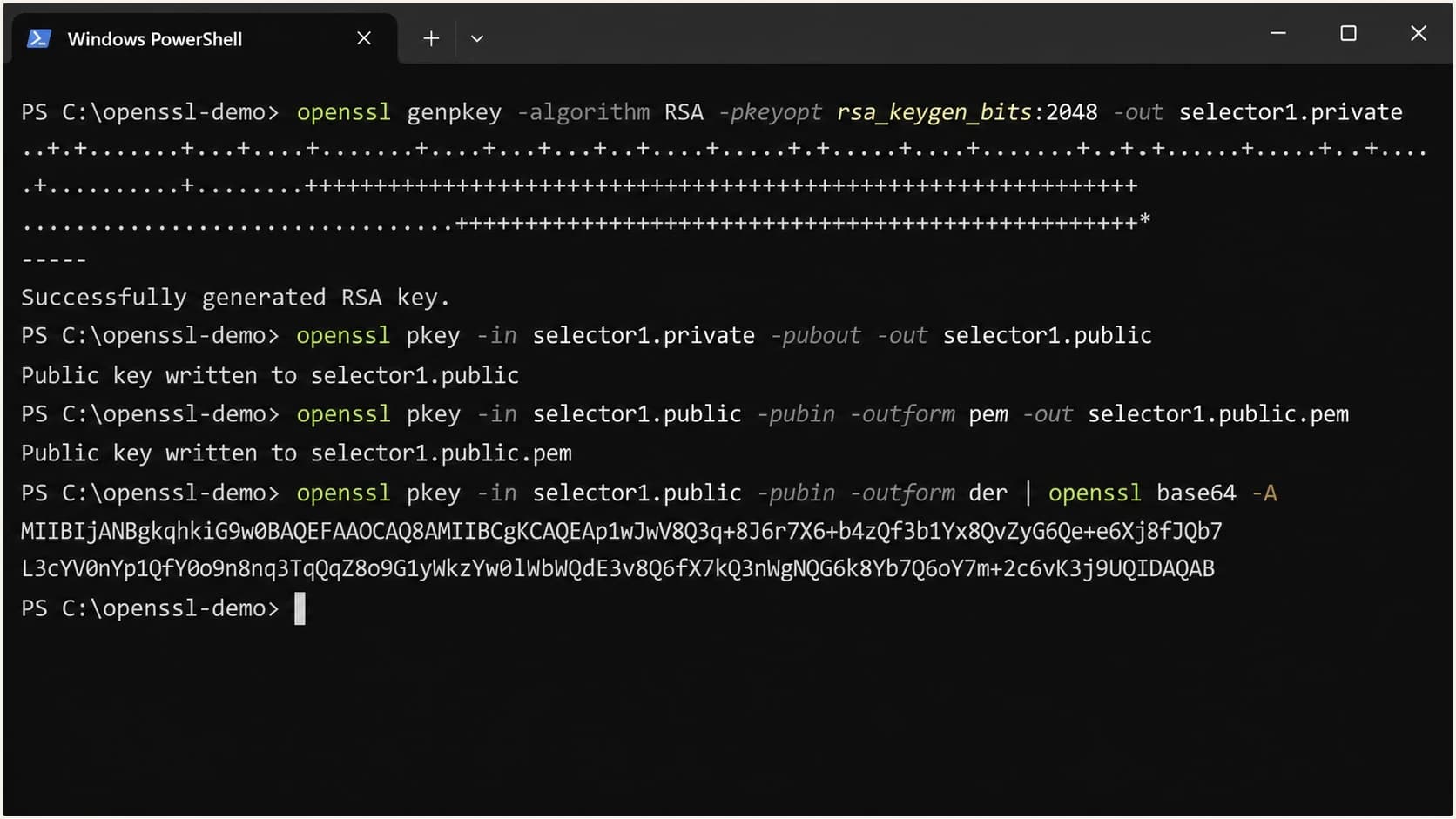OpenSSL commands in a terminal generating a 2048-bit RSA DKIM key pair.